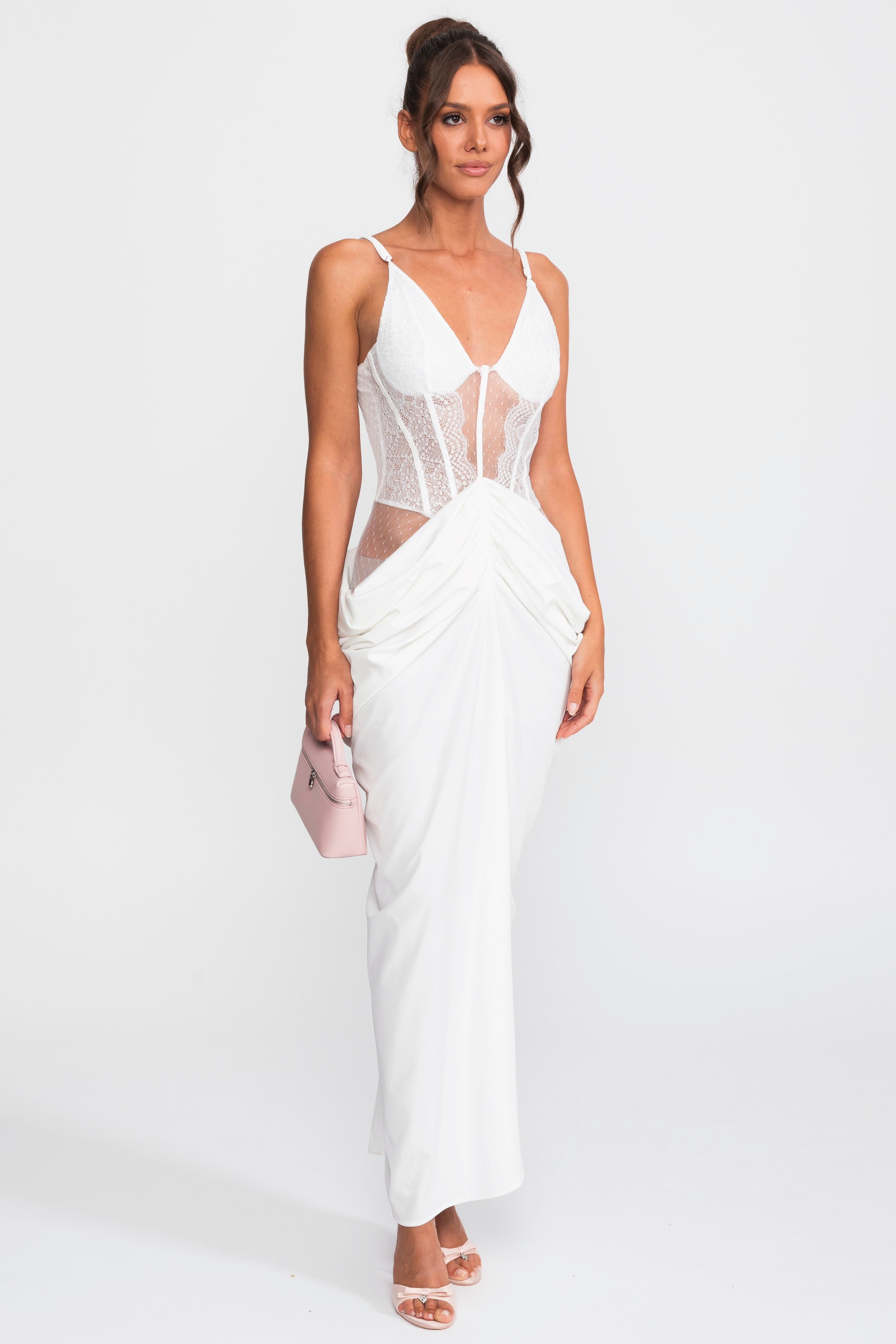 Robe drapée à corsage en dentelle avec fines bretelles - Blanc 