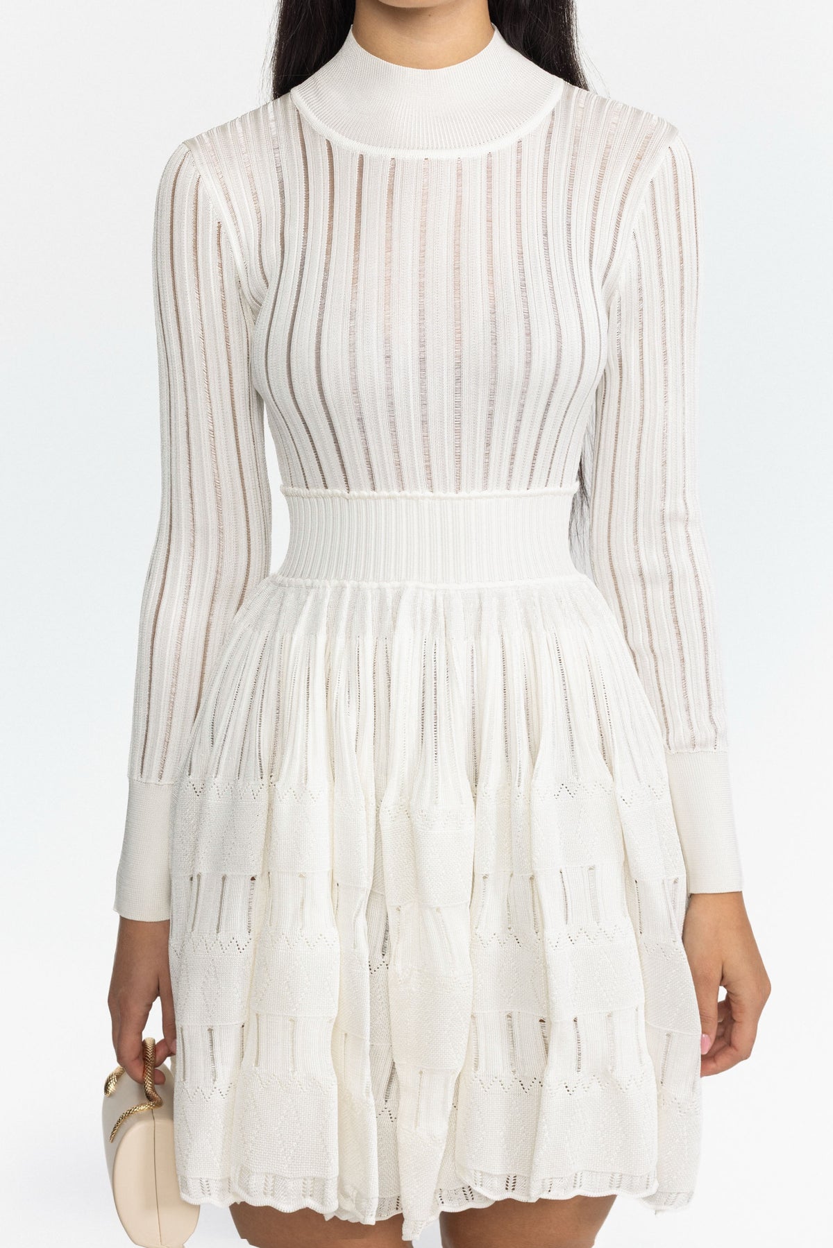 Sheer Ladder Knit Long Sleeve Skater Mini Dress - White