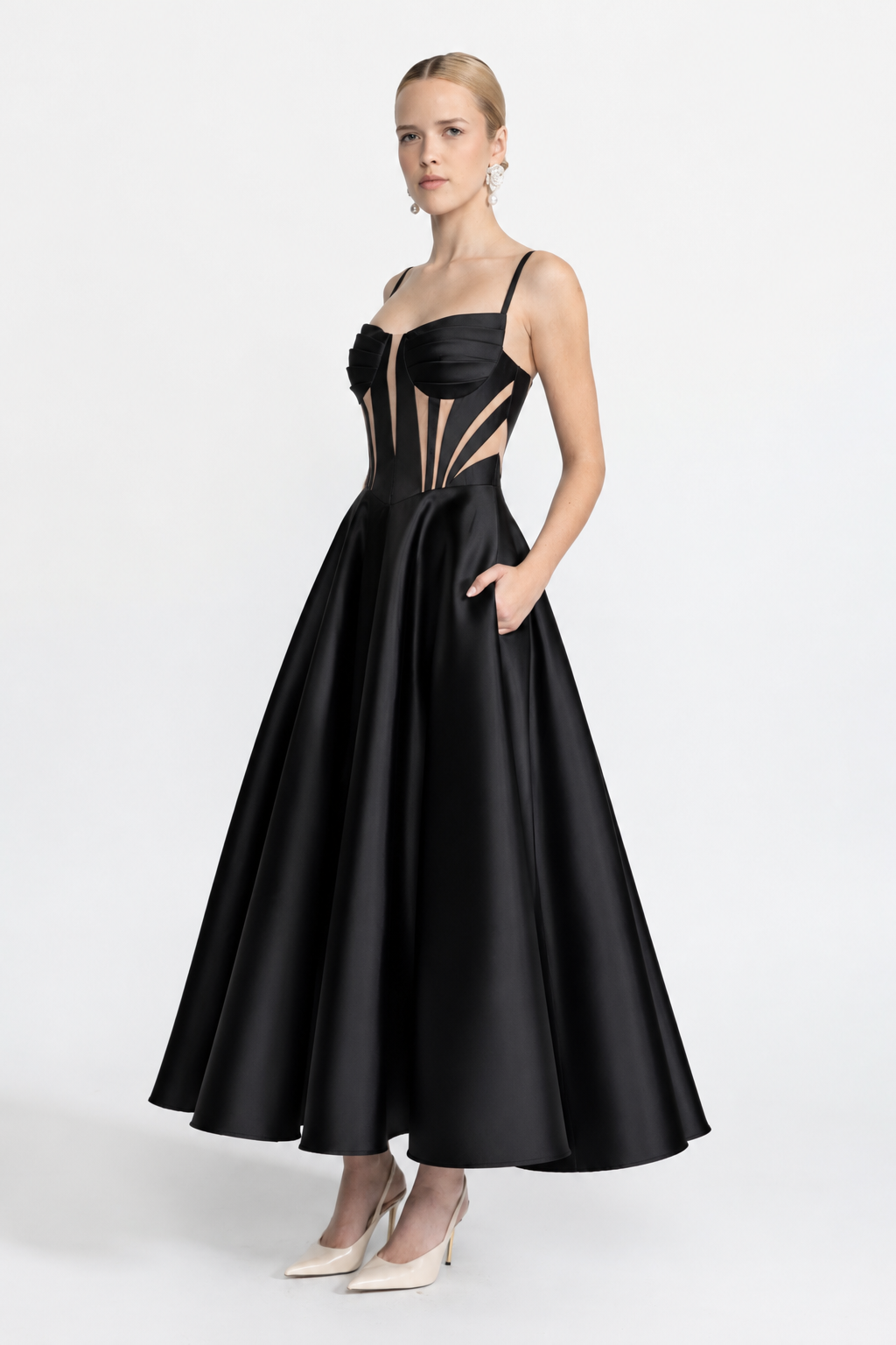 Robe midi corset en satin à empiècements transparents - Noir 