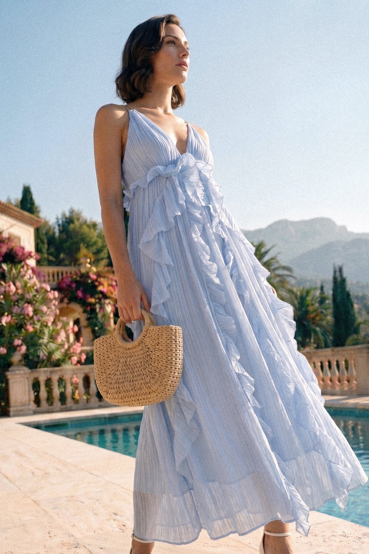 Robe longue à volants à profond décolleté en V avec étages asymétriques cascade - Bleu 