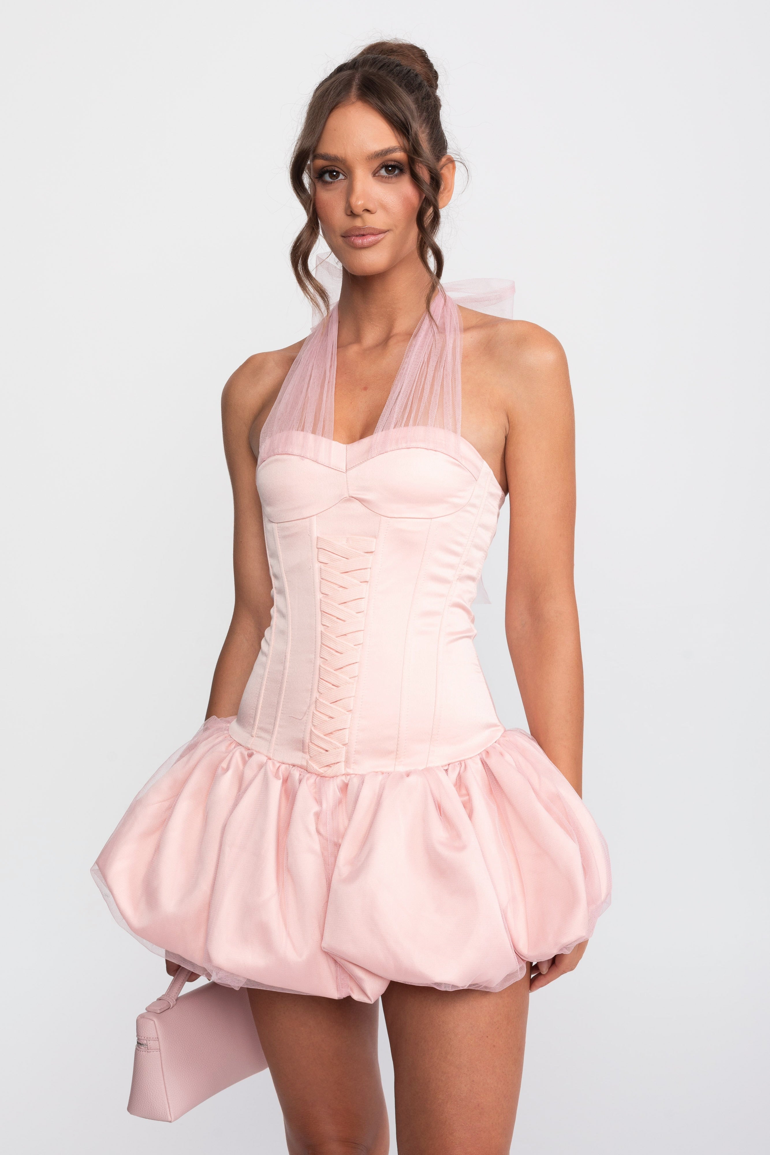 Robe mini à ourlet boule corset avec lien licou transparent - Rose 