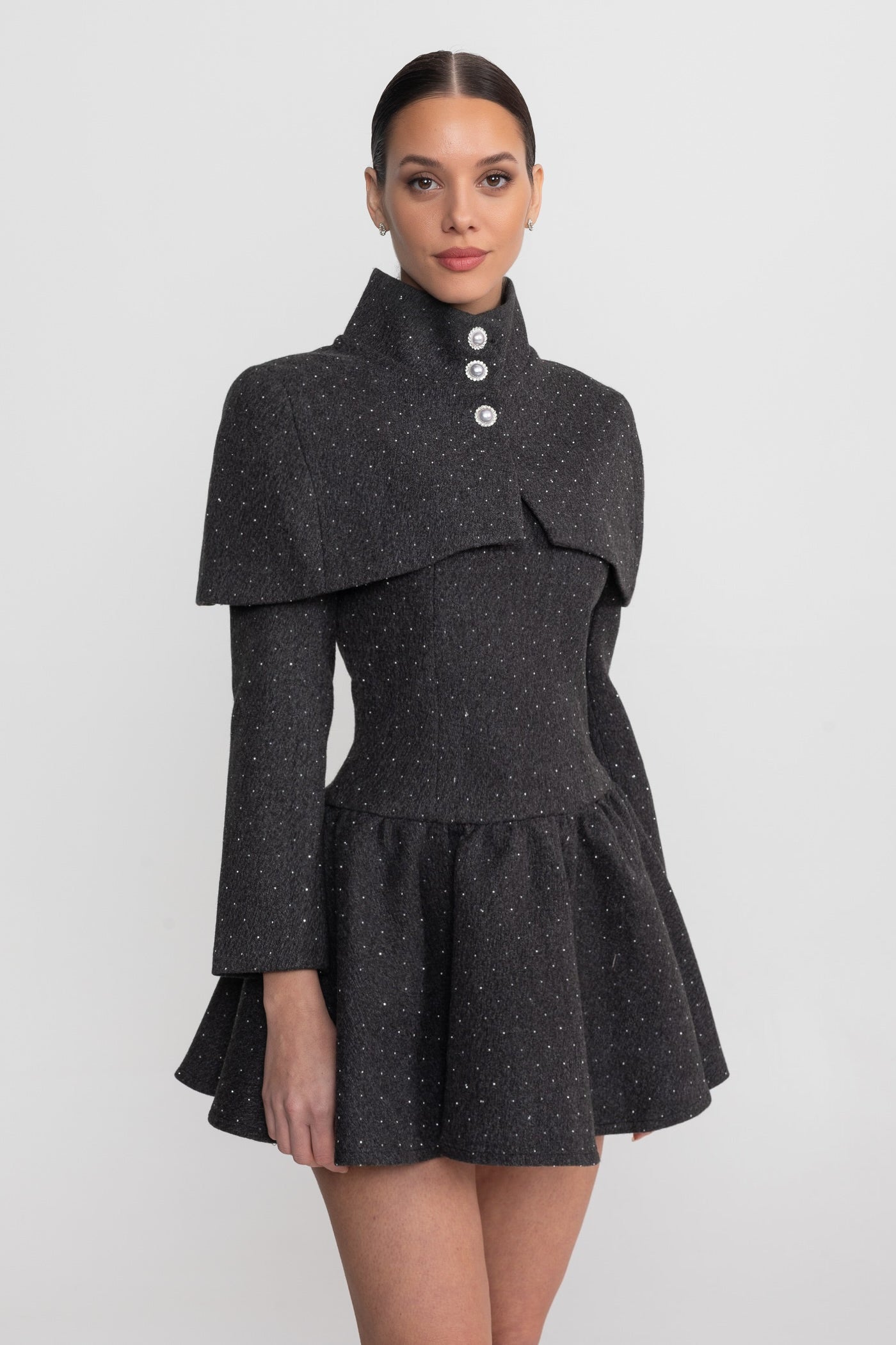 Robe Mini à Manches Longues avec Surcouche Cape Amovible - Charbon 