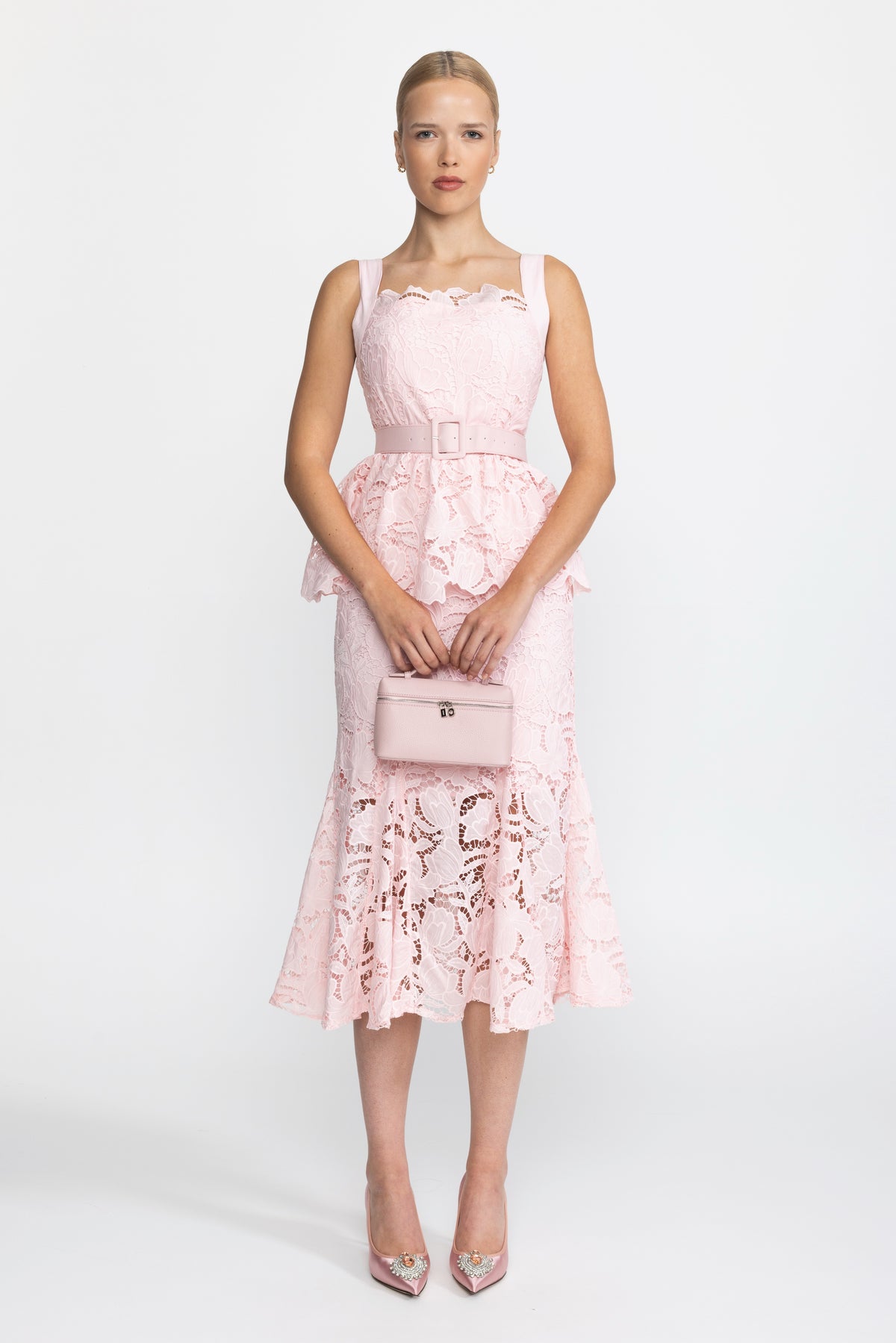 Robe midi à basque en dentelle guipure - Rose 