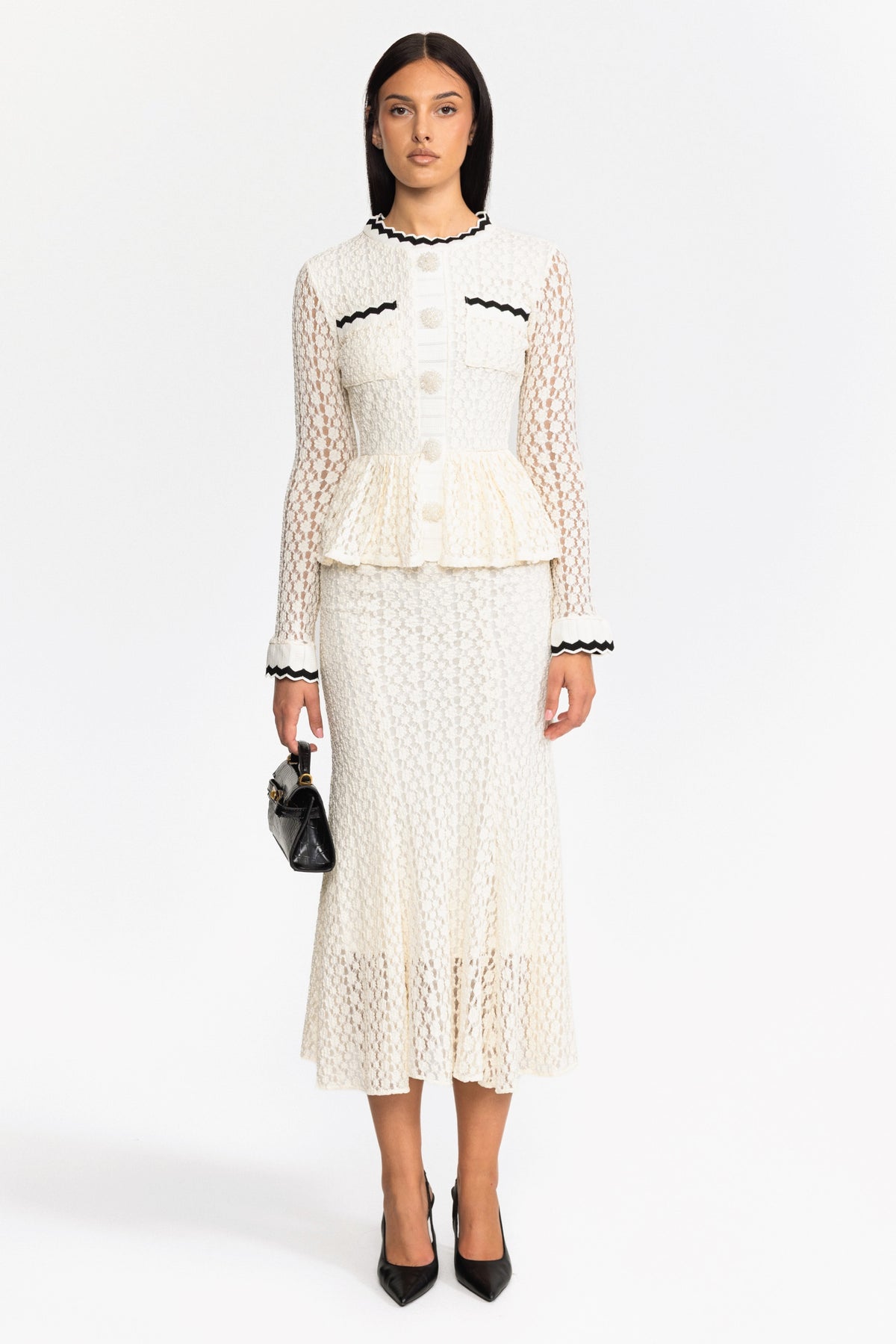 Robe midi en maille crochet à basque avec finitions croquet - blanc cassé 