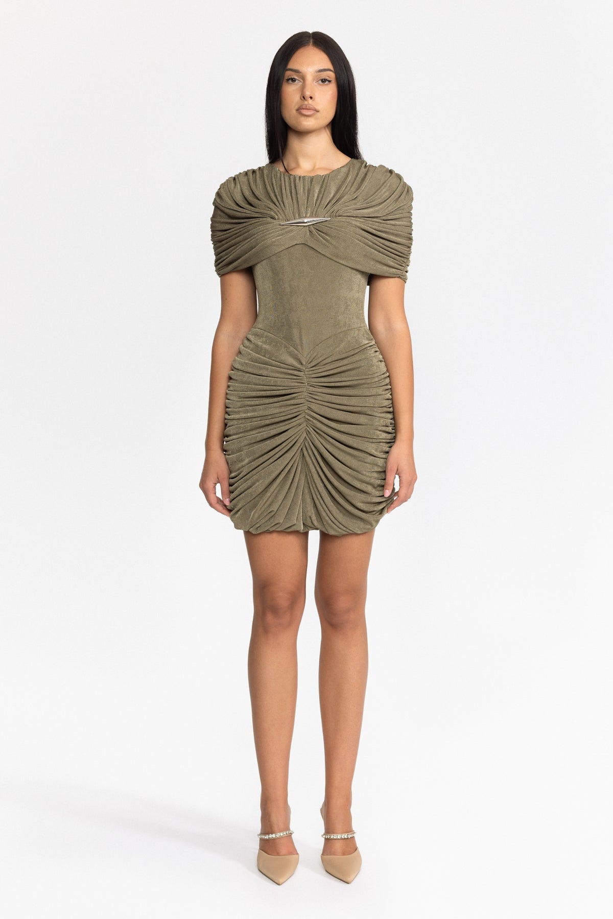 Mini-robe drapée à cape et ruchés - Olive 