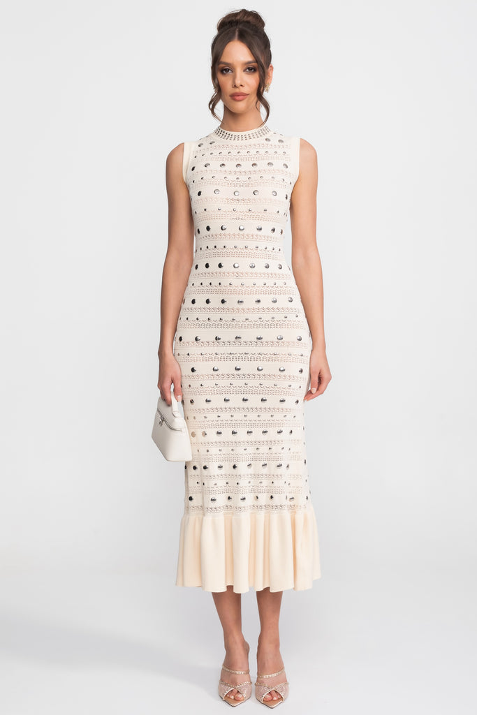 Robe midi en maille ornée avec col montant et ourlet volanté - Crème 