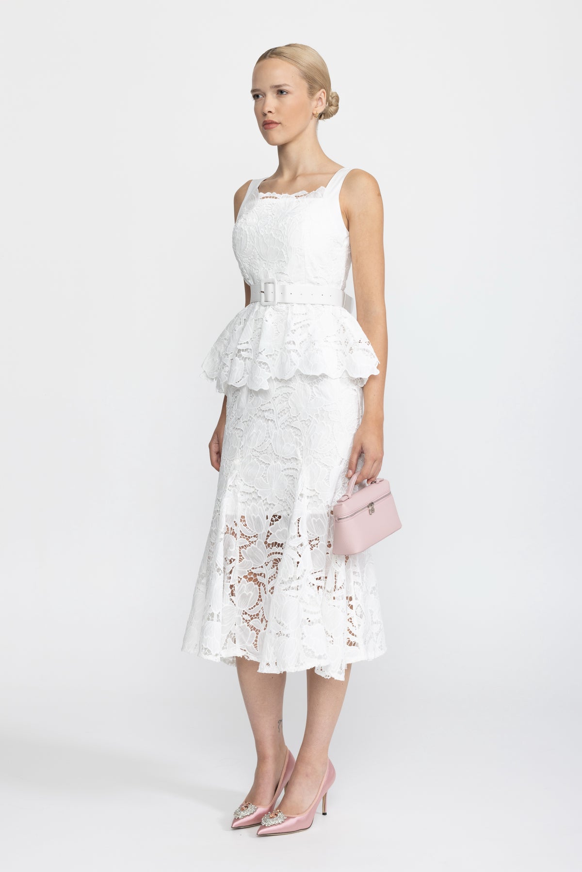 Robe midi à basque en guipure - blanc 