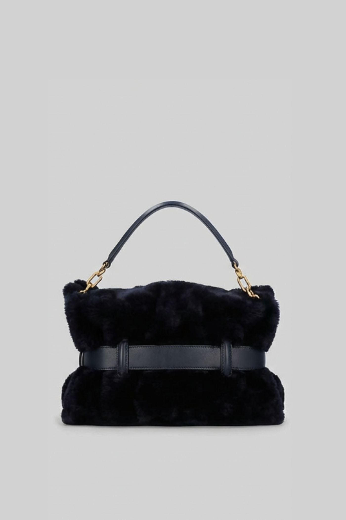Faux Fur Handbag with Belt Buckle Detail – Black