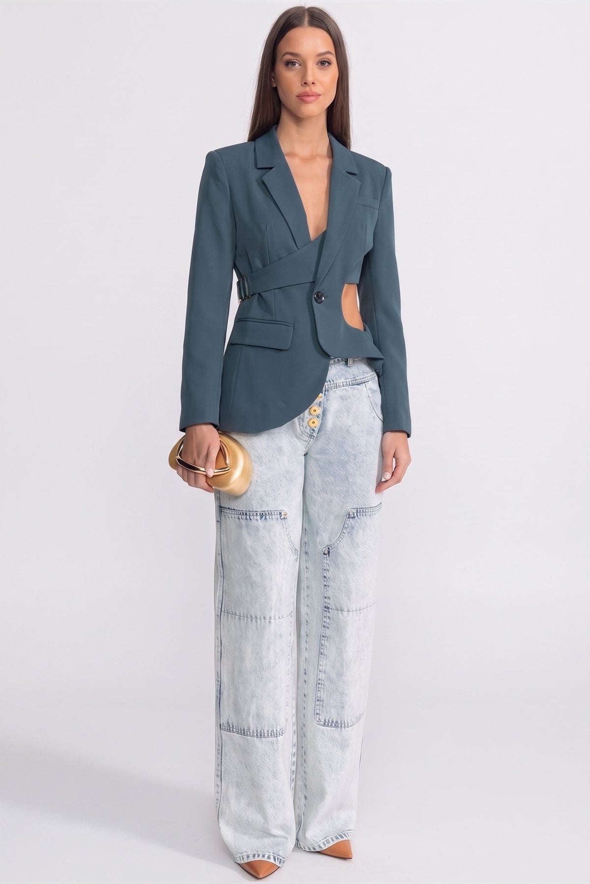Blazer asymétrique à découpe avec détail ceinture - bleu sarcelle 