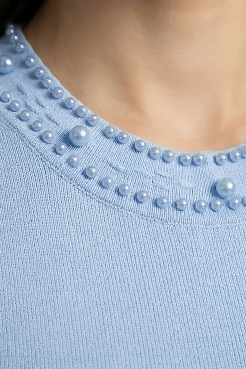 Cardigan Tricoté Avec Boutons Perle Et Ornements - Bleu 