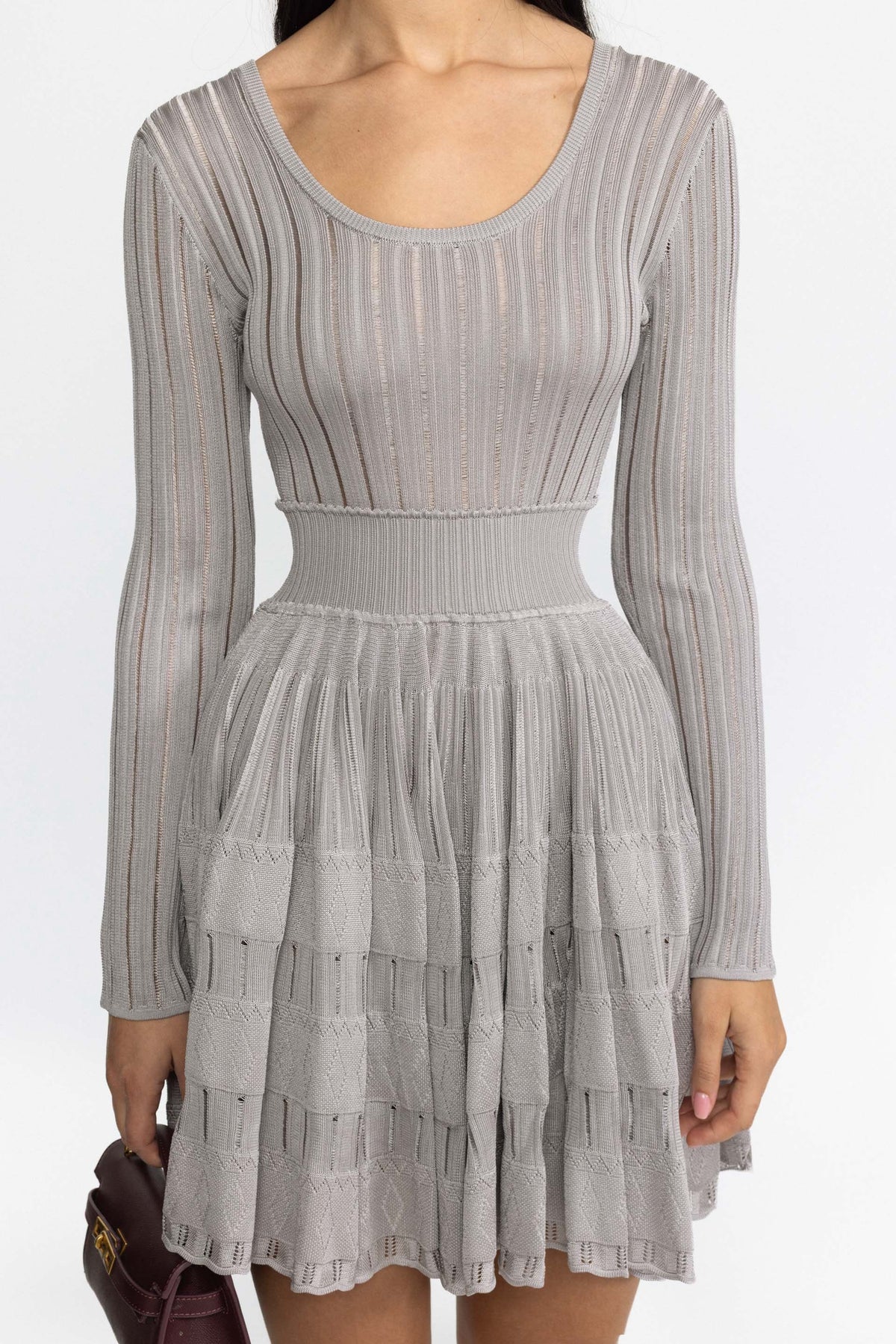 Robe patineuse mini à encolure dégagée en maille ajourée - Gris 