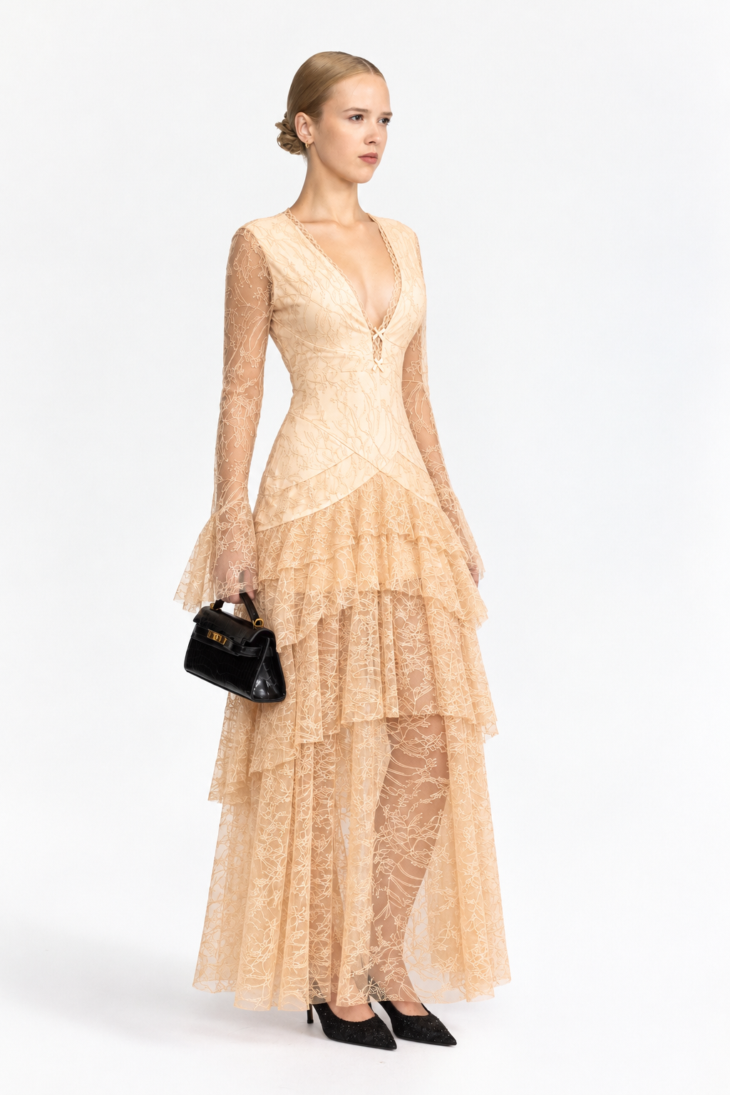 Robe longue à volants en dentelle de Chantilly - Beige 