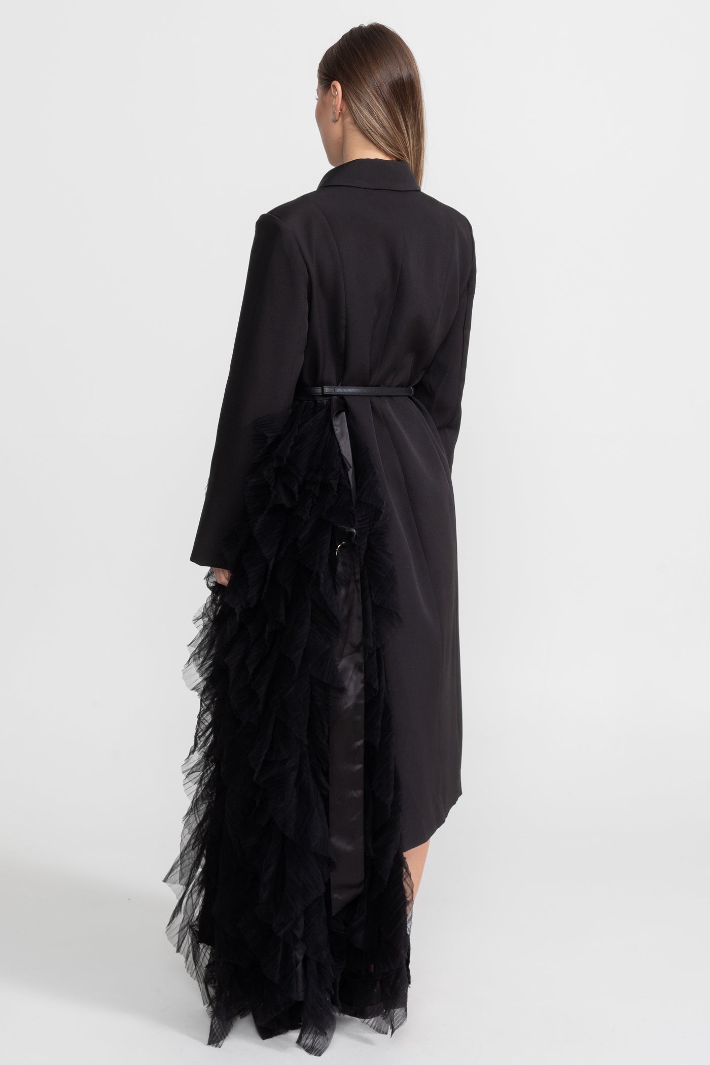 Robe blazer à cascade en tulle avec revers crantés – Noir 