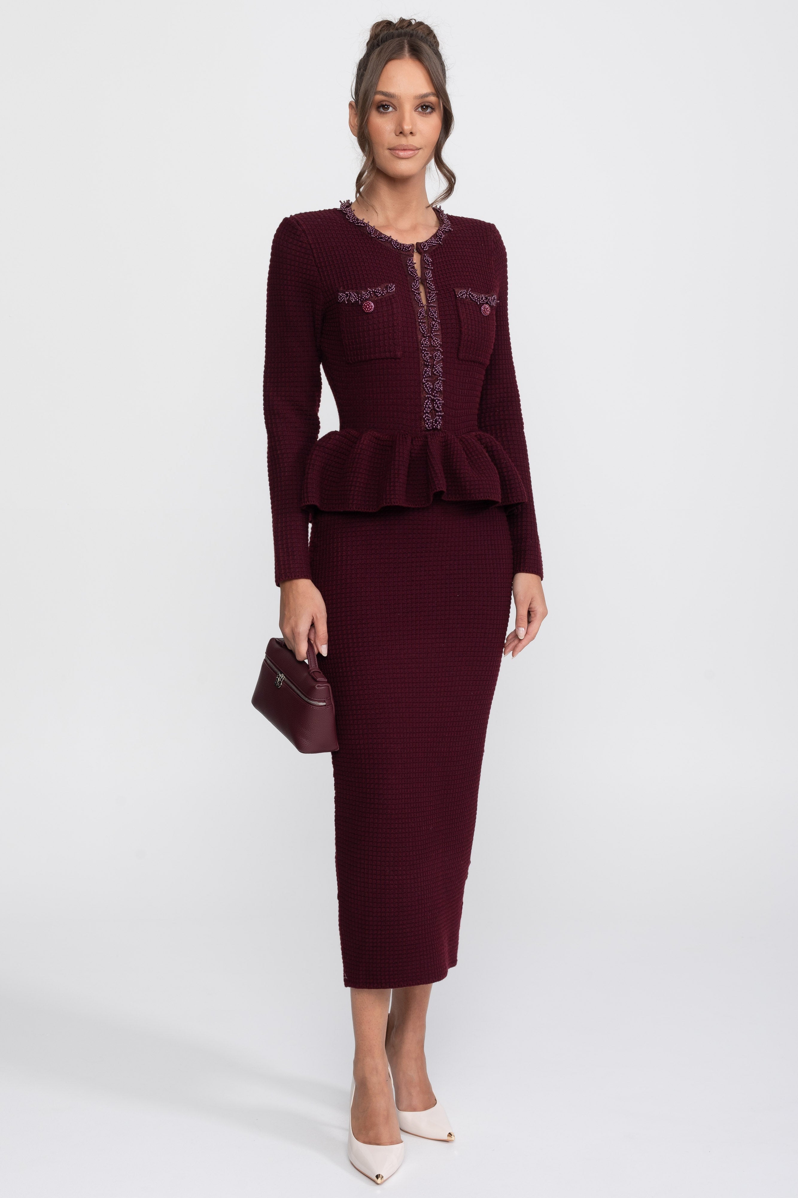 Robe péplum en maille avec bordure à franges et poches poitrine avant - Burgundy 