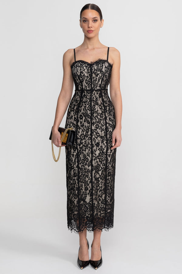 Robe Midi en Dentelle avec Corset Transparent - Noir 