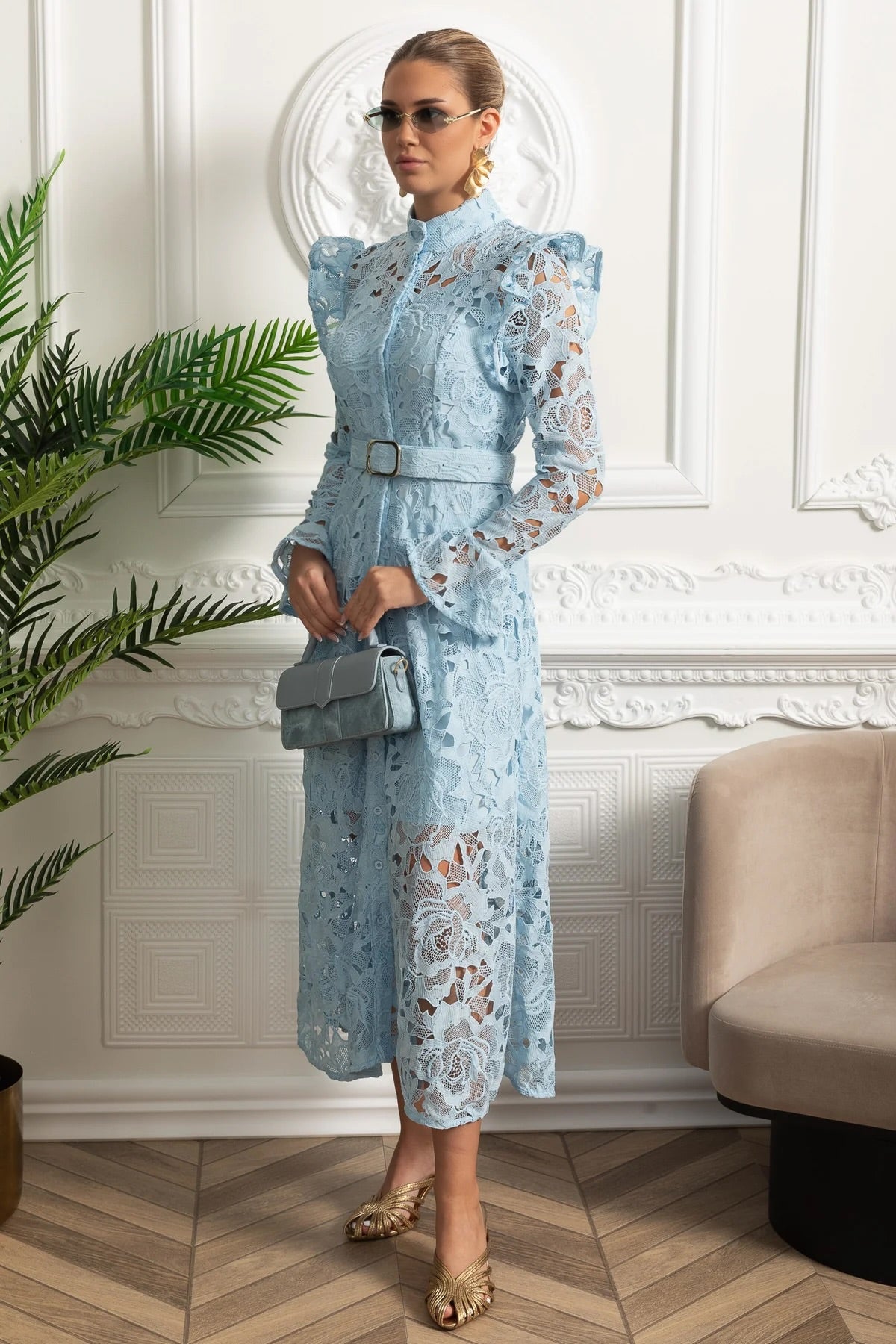 Lace Midi Dress with Ruffled Shoulders and Floral Detailing - Blue