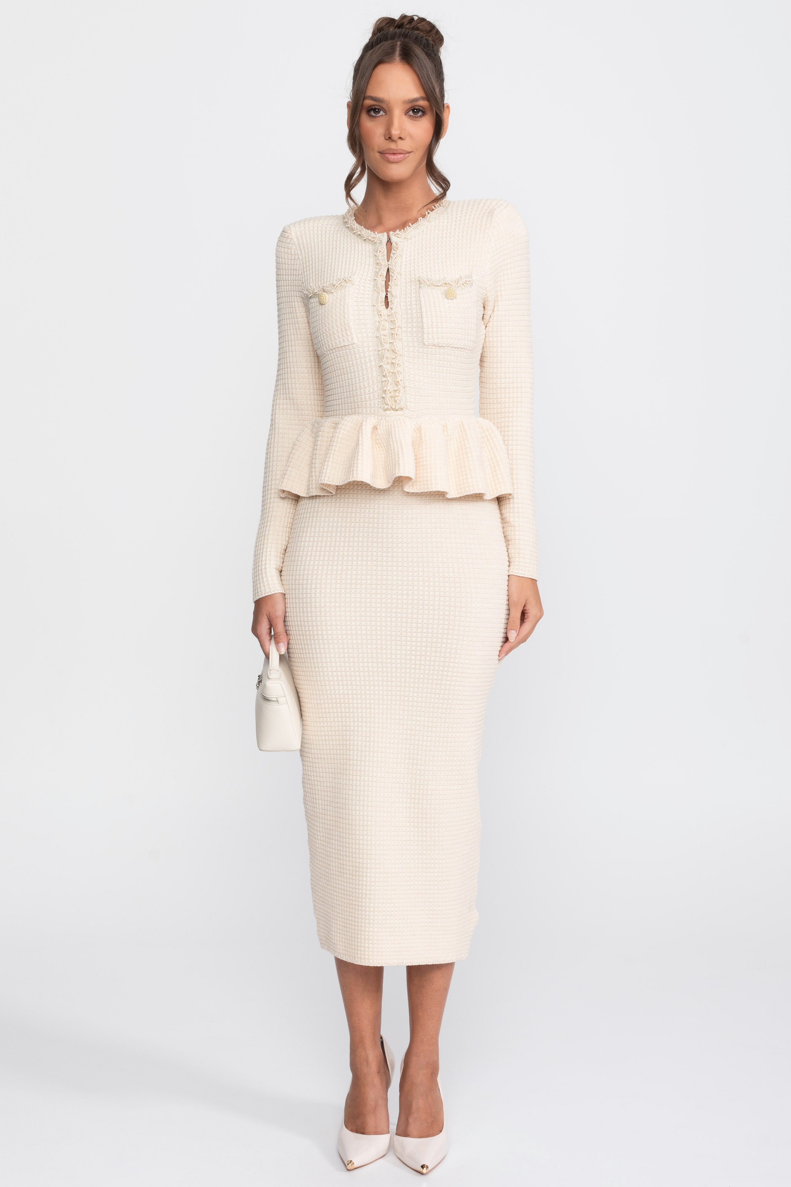 Robe péplum en maille avec bordure à franges et poches poitrine avant - Beige 
