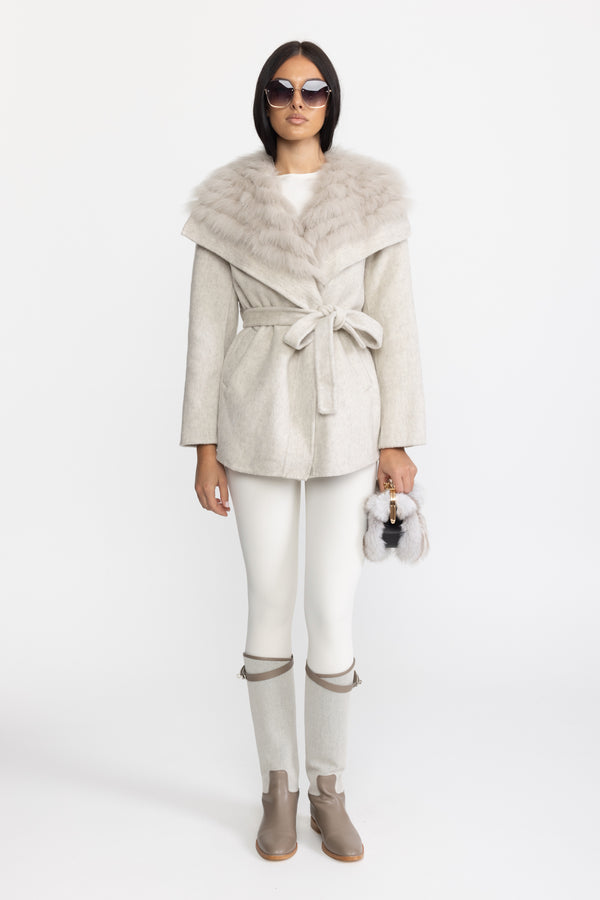 Manteau en laine avec col en fourrure oversize et ceinture - Gris clair 