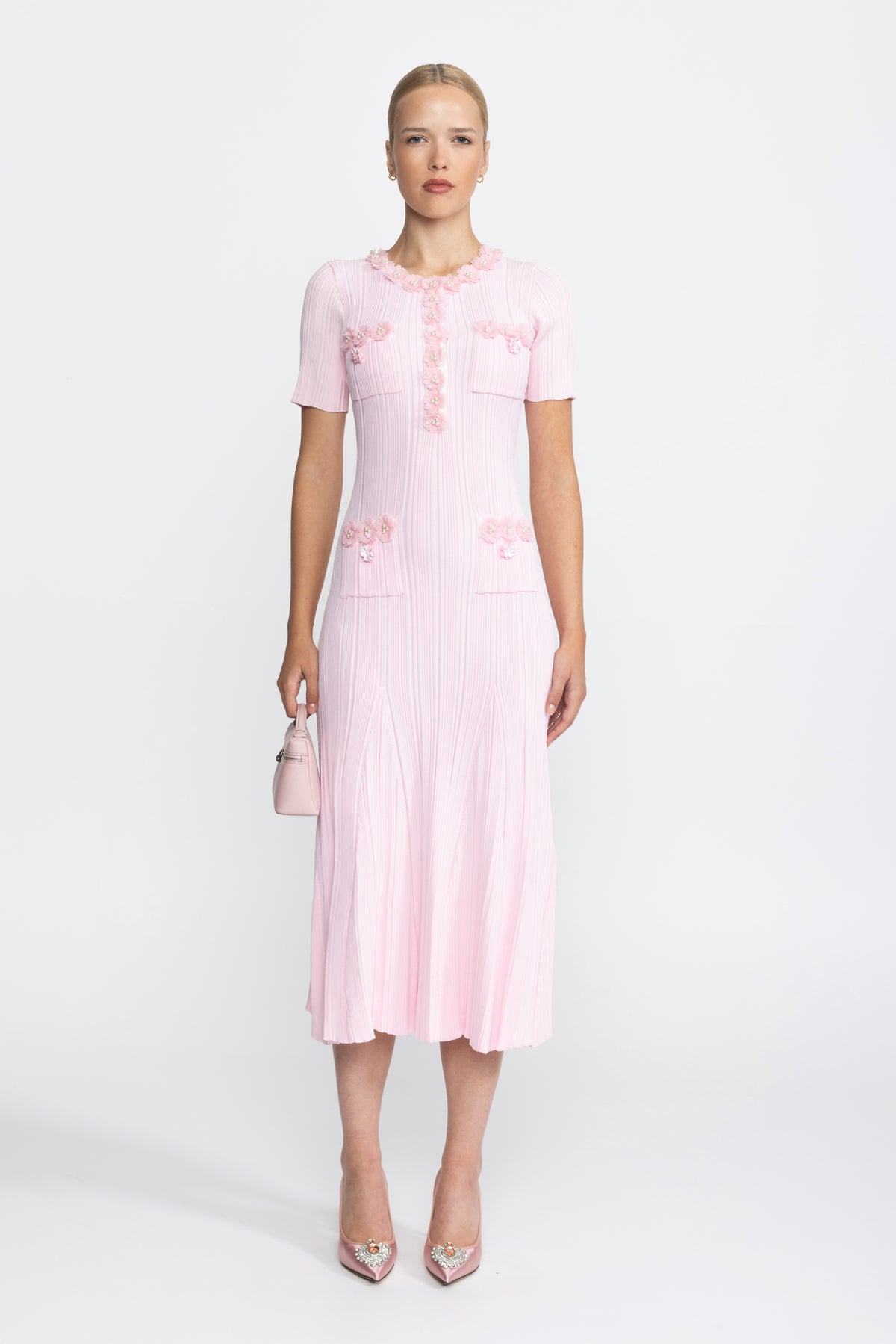 Ribbed Knit Flower Appliqué Midi Dress - Pink