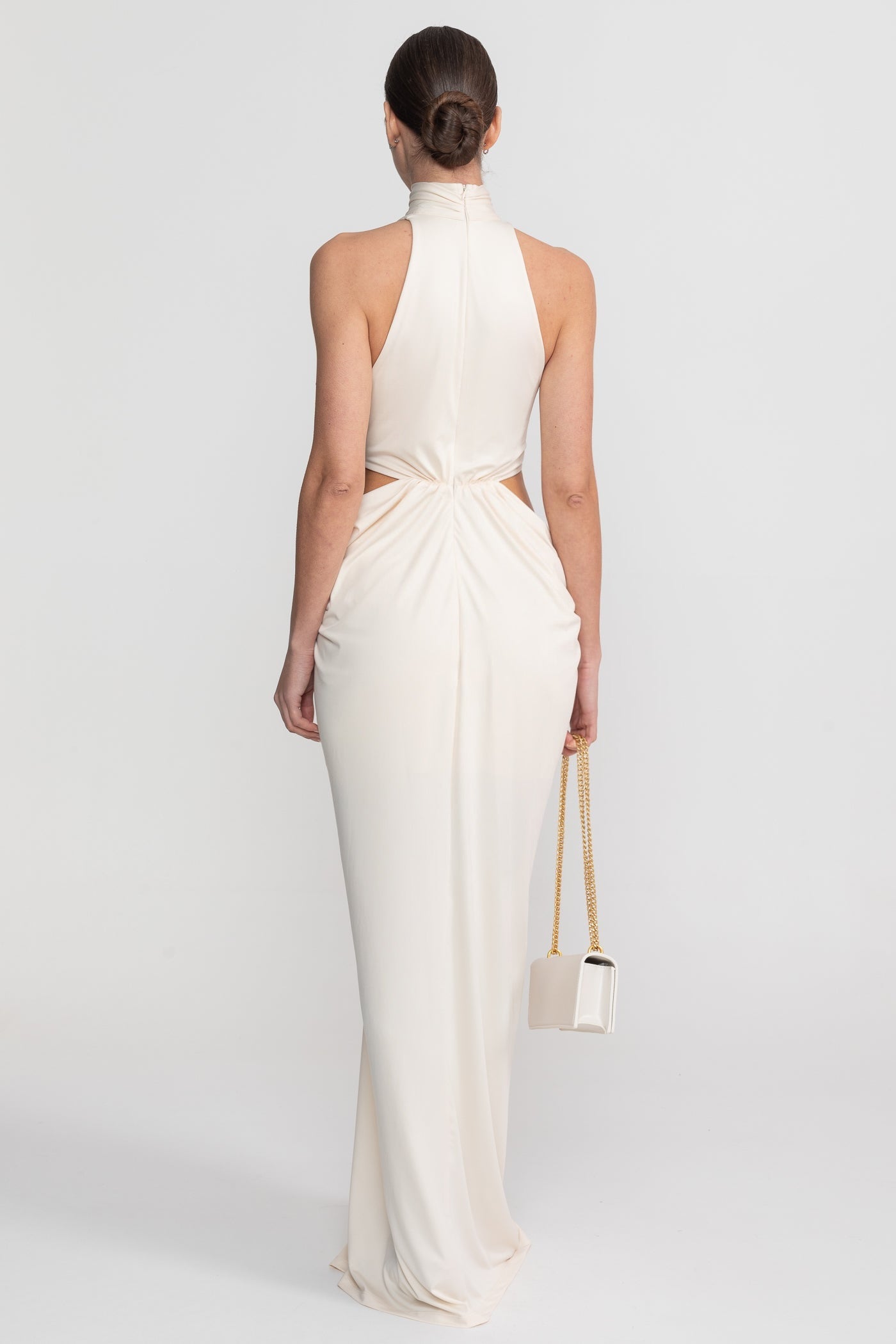 Robe longue à col montant et licou avec découpe nouée à la taille - Ivoire 