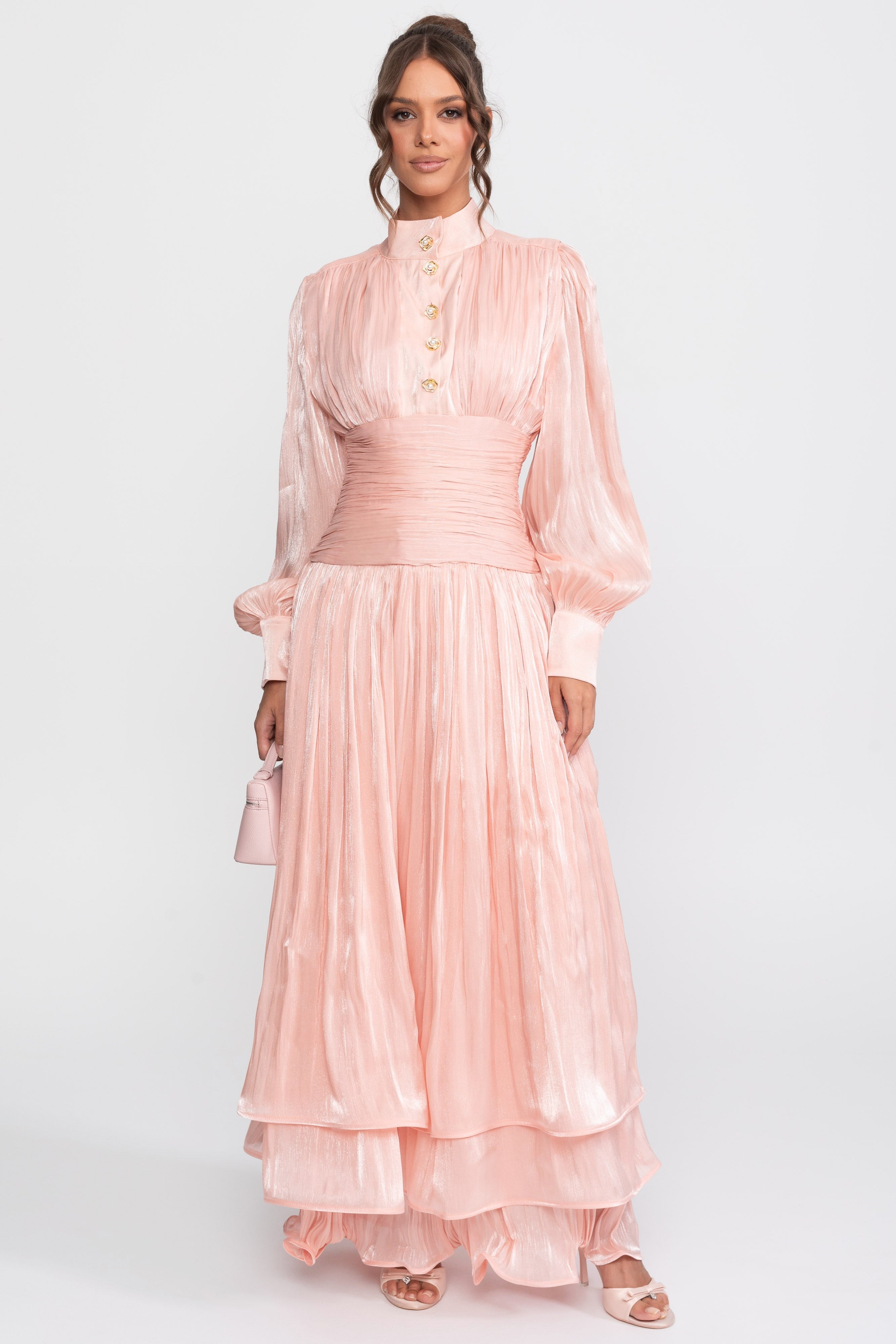 Robe longue à étages à manches ballon avec boutons rose ornés de bijoux - Peach 