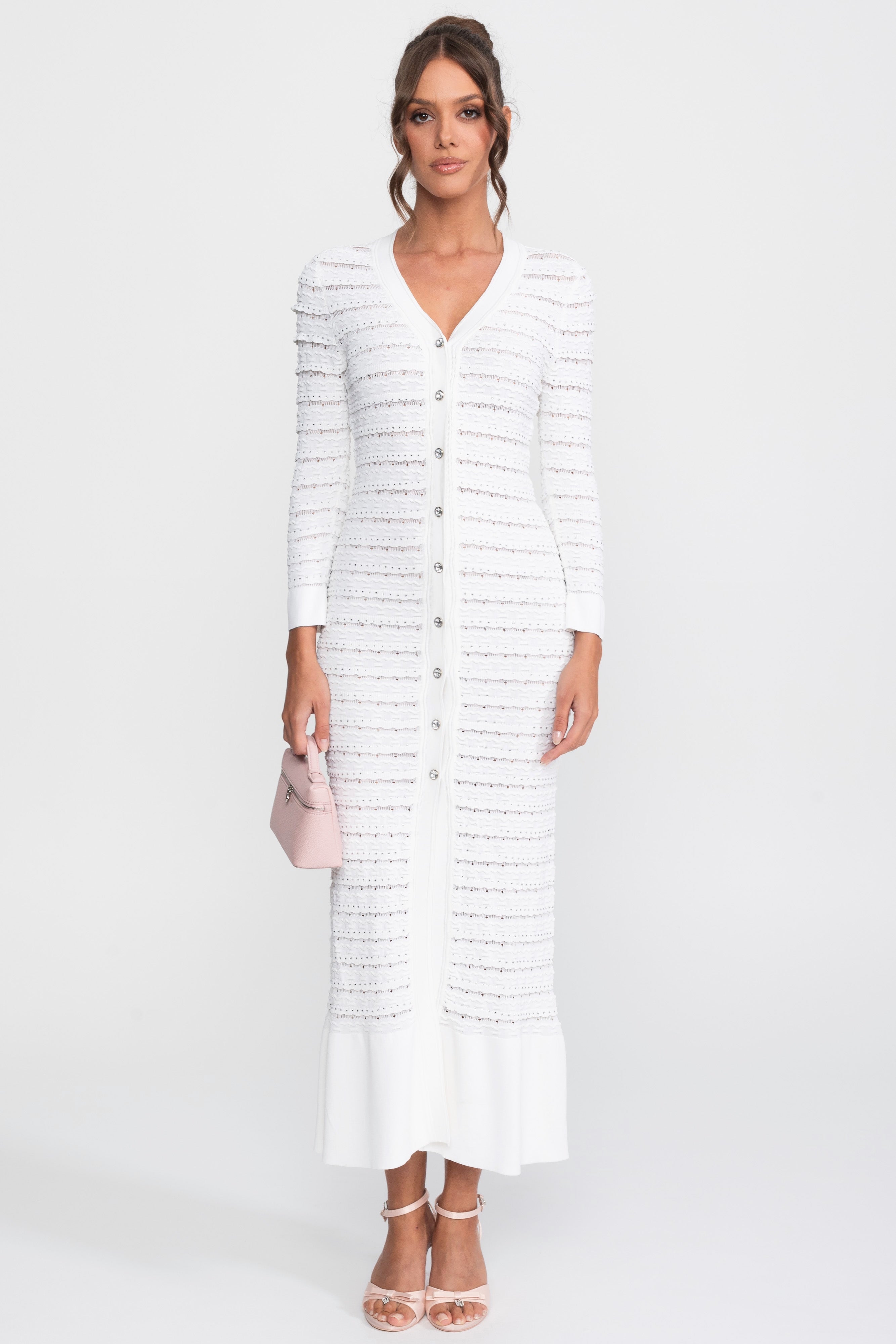 Robe longue cardigan en maille texturée avec bouton en cristal - Blanc 