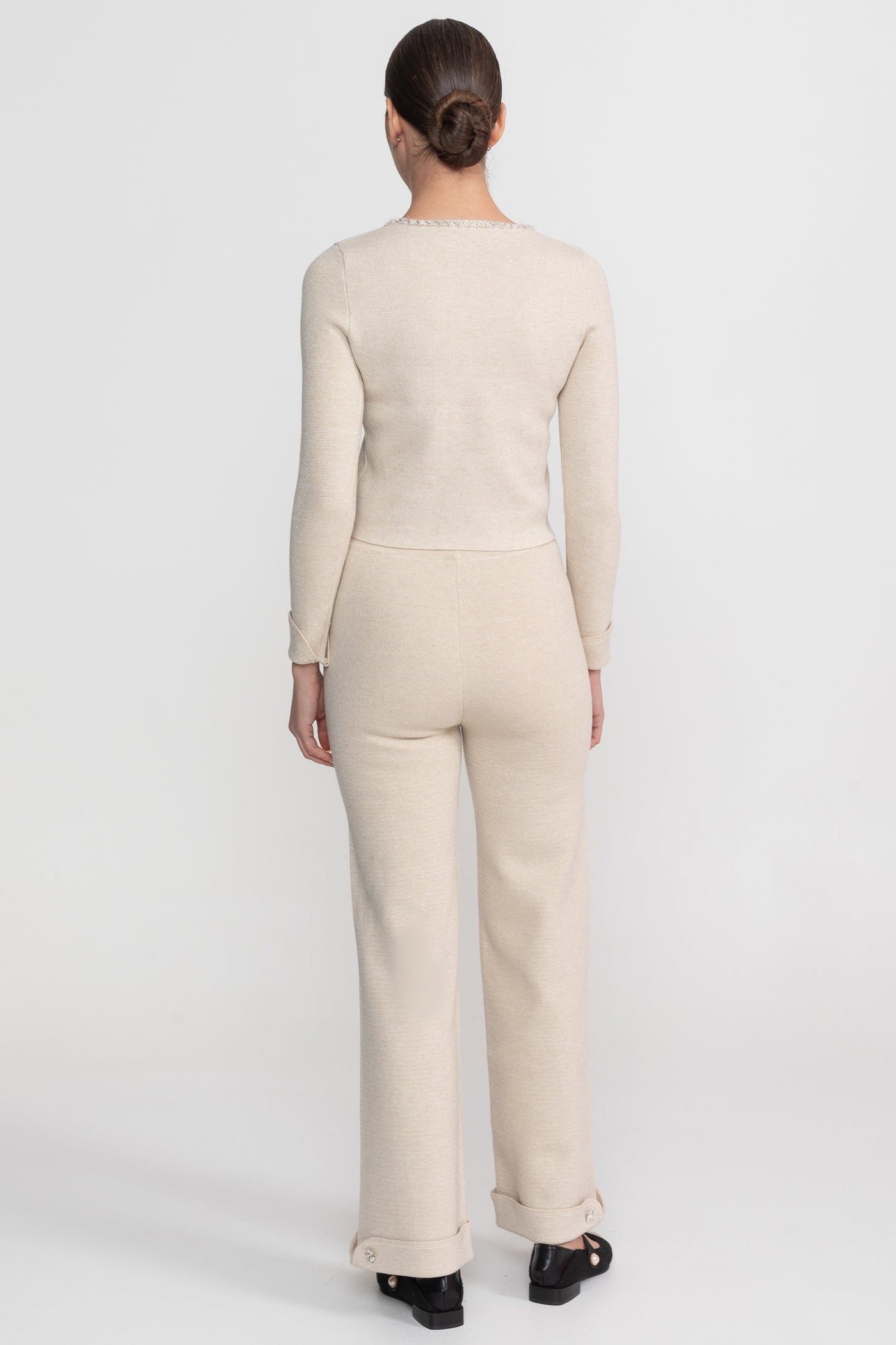 Ensemble coordonné en maille à manches longues avec embellissements scintillants - Beige 