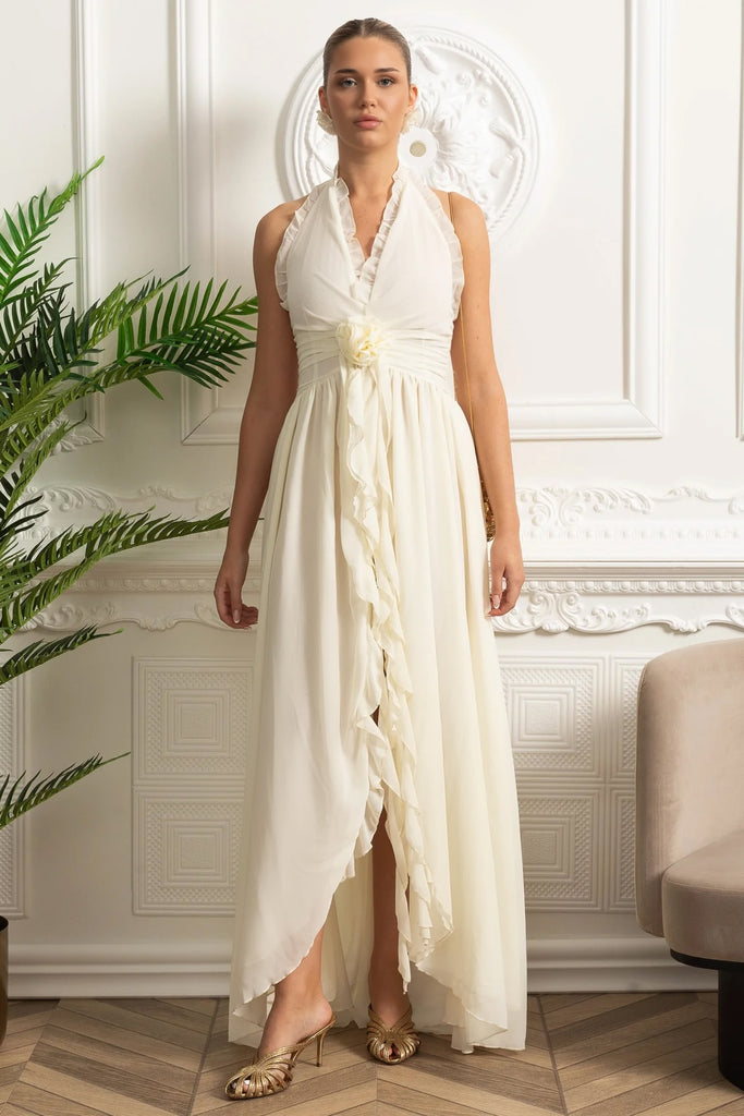 Robe longue à volants avec col halter et détail nœud rosette - Ivoire 