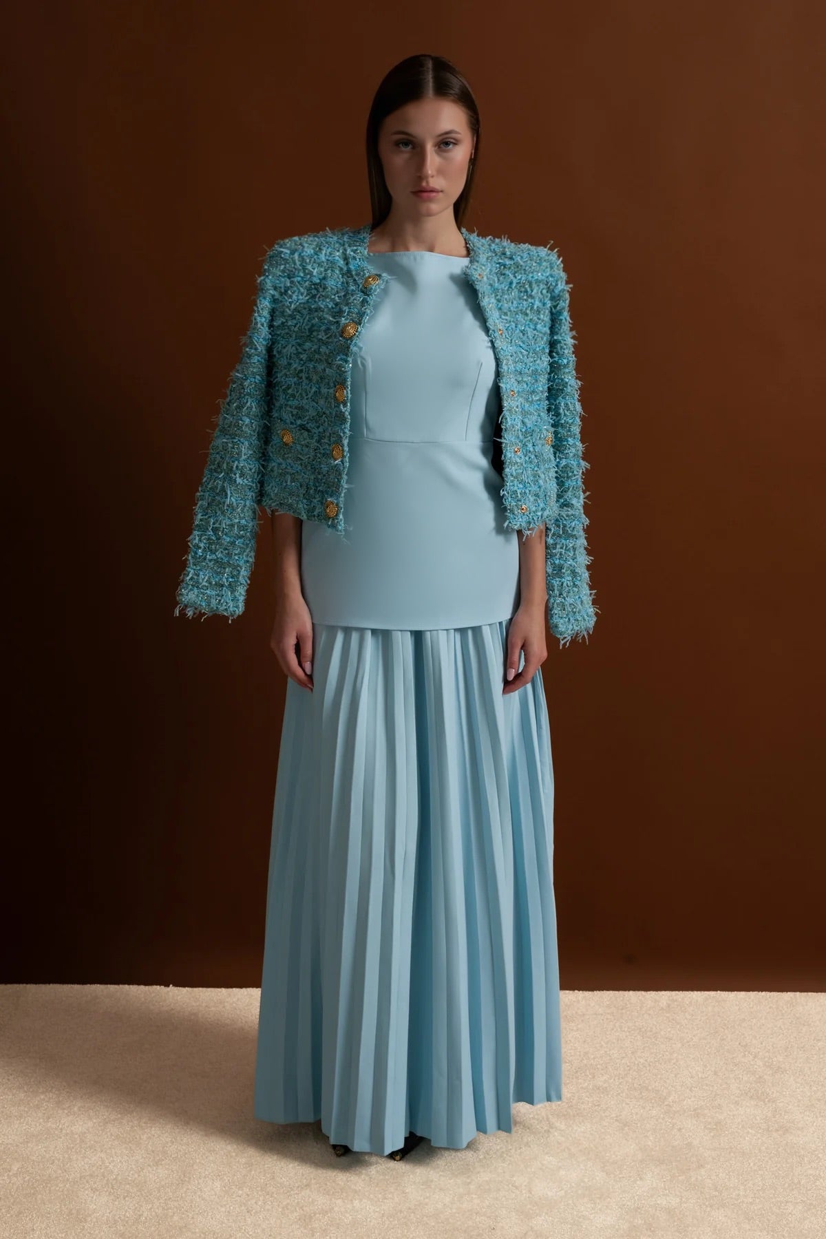 Veste en tweed texturé avec ornements de boutons dorés – Bleu 