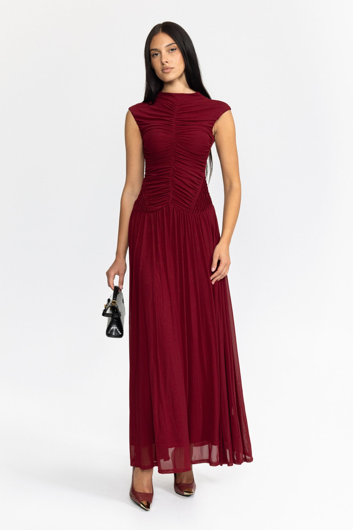 Ruched Mesh Drop Waist Maxi Dress - Wine