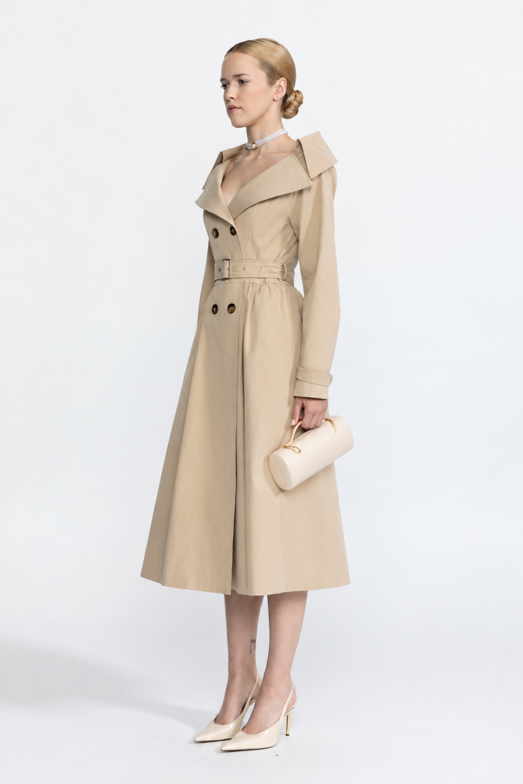 Off-Shoulder Collar Belted Trench Dress - Beige