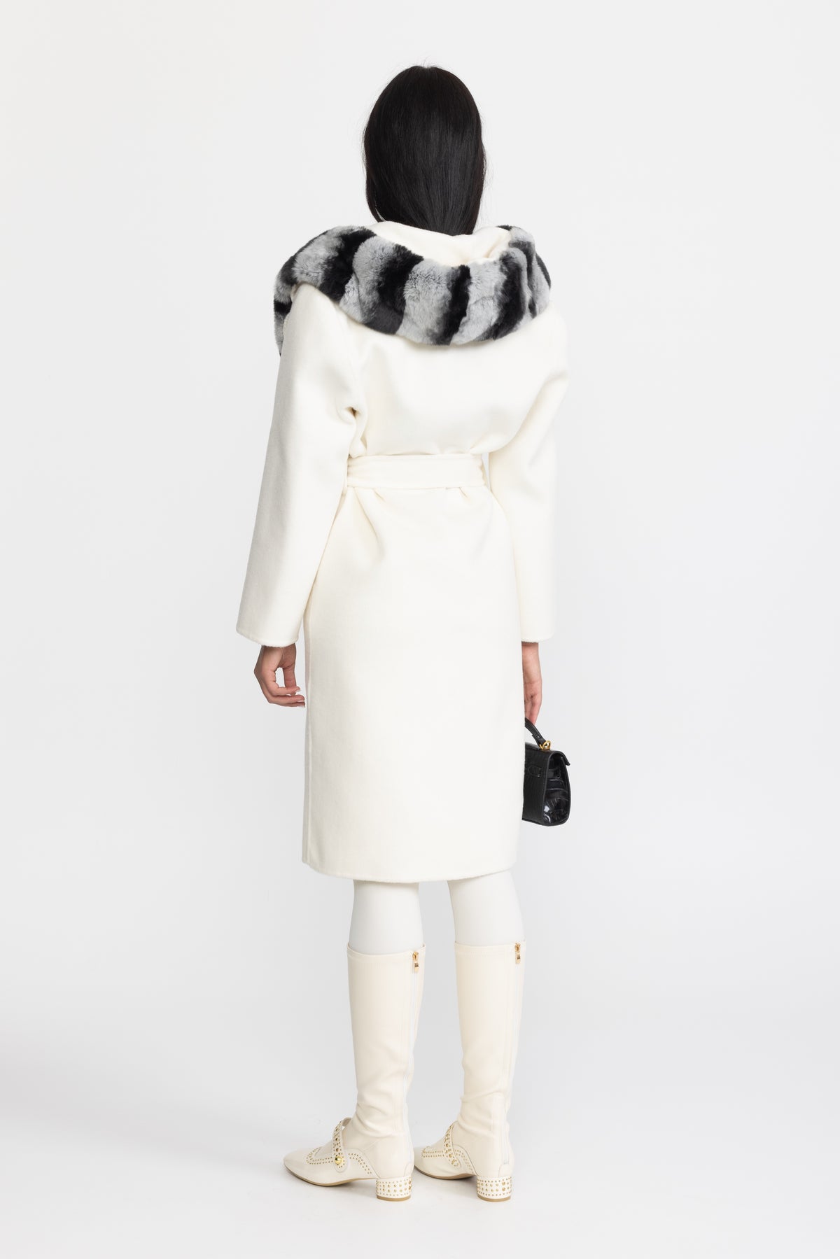 Manteau portefeuille en laine à capuche bordée de fourrure de lapin rex - Ivoire 