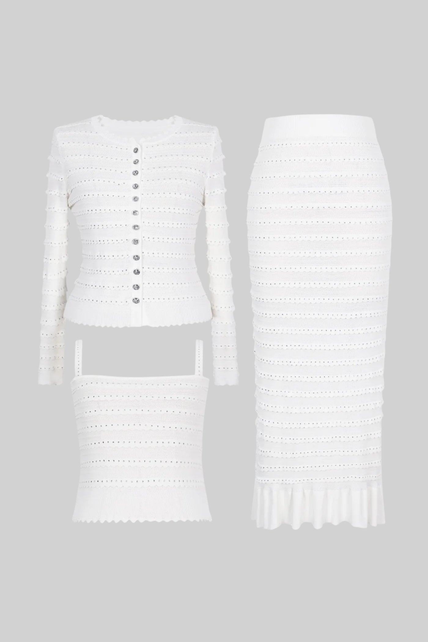 Ensemble 3 pièces en maille texturée avec blazer, haut et jupe midi - Blanc 