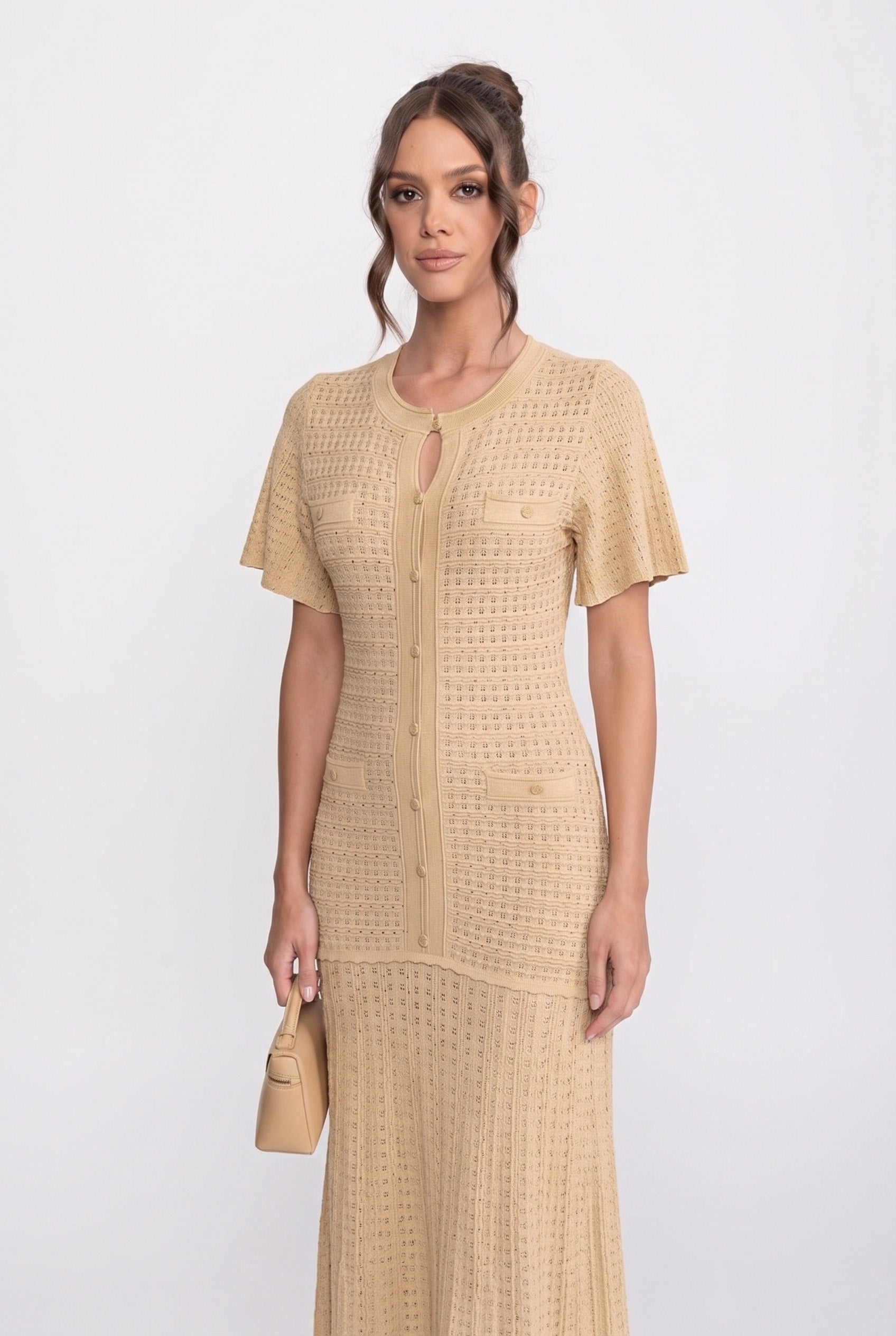 Robe midi à manches courtes avec texture en maille scintillante - Beige 