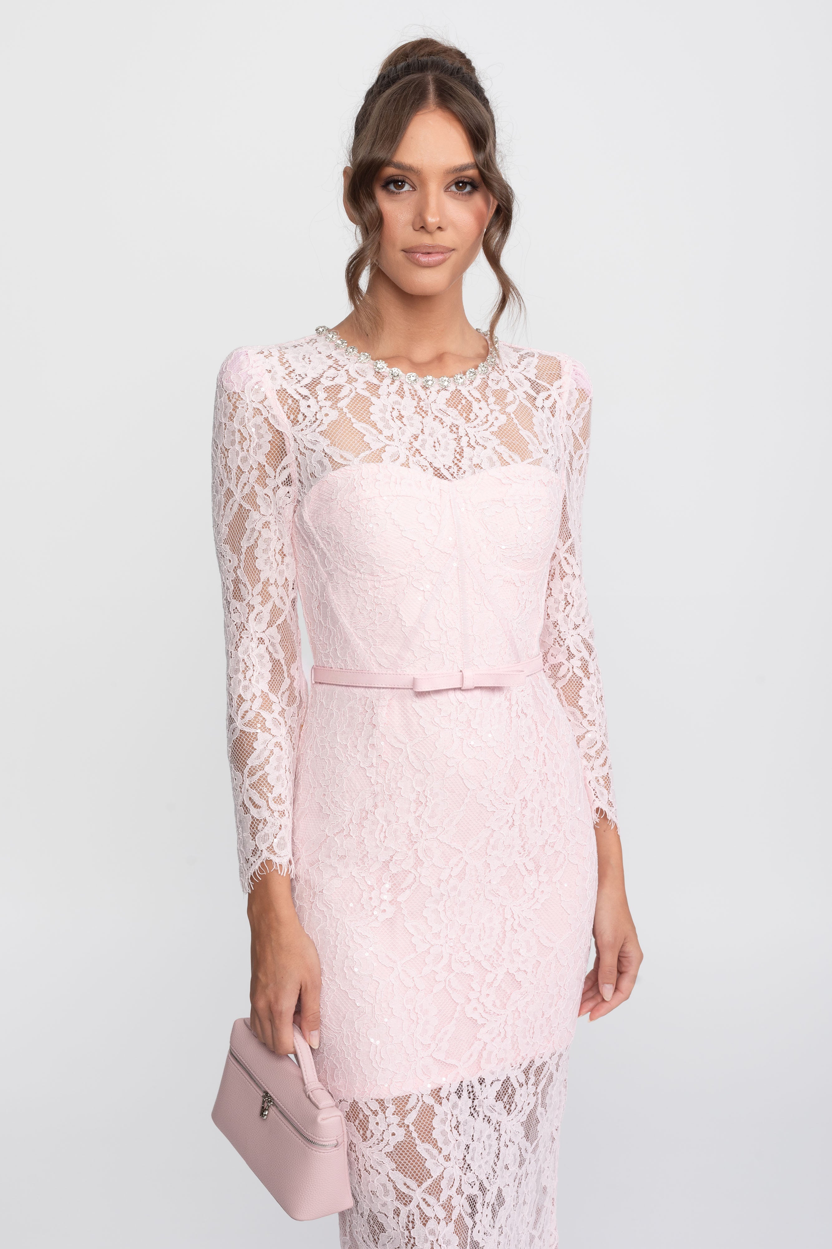 Robe midi à bordure en dentelle avec encolure ornée de cristaux - Rose 