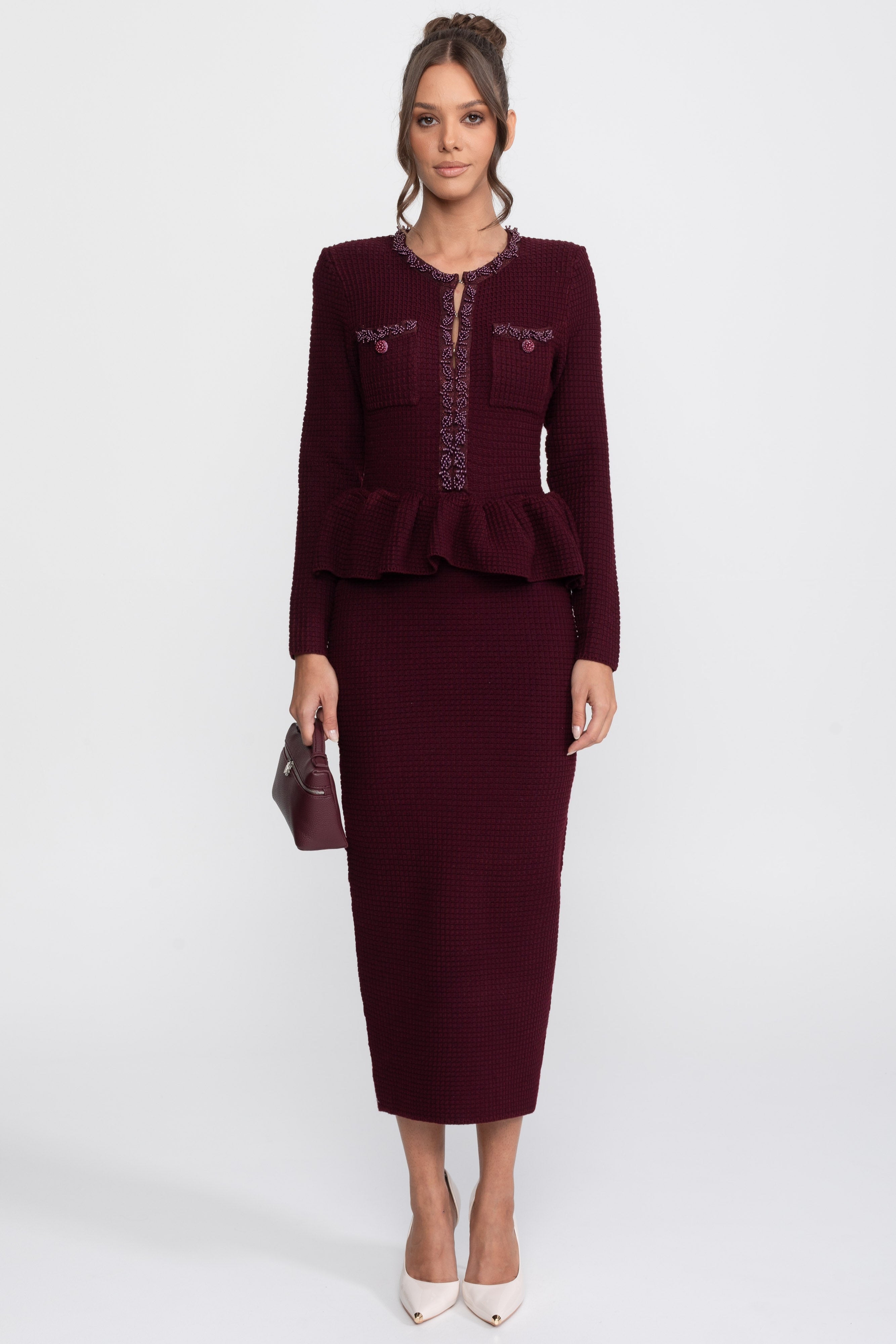 Robe péplum en maille avec bordure à franges et poches poitrine avant - Burgundy 