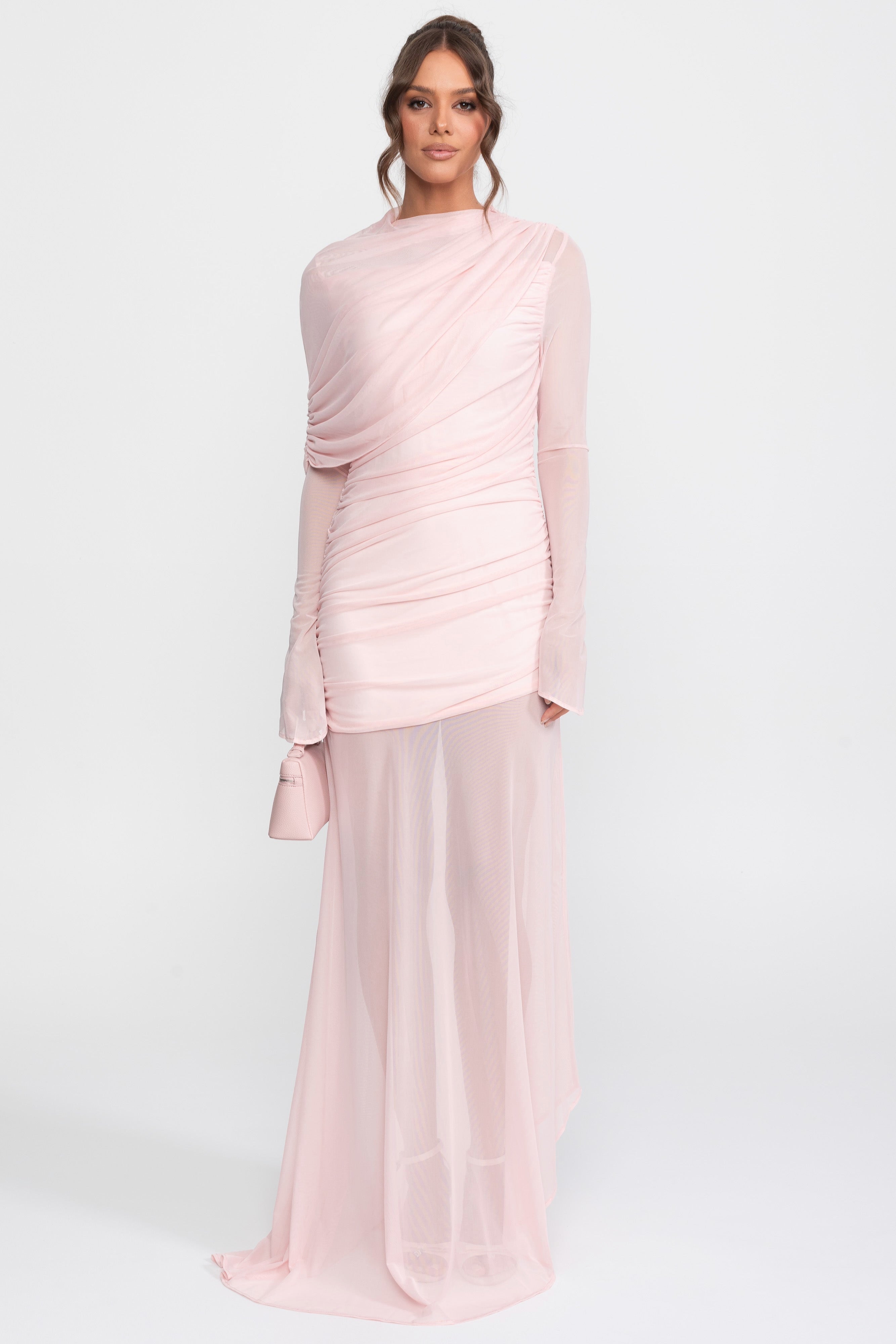 Robe longue à épaule drapée avec jupe transparente - Rose 