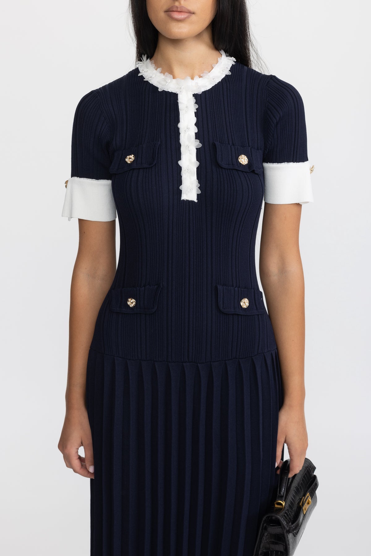 Pleated Knit Ruffle Trim Midi Dress - Navy