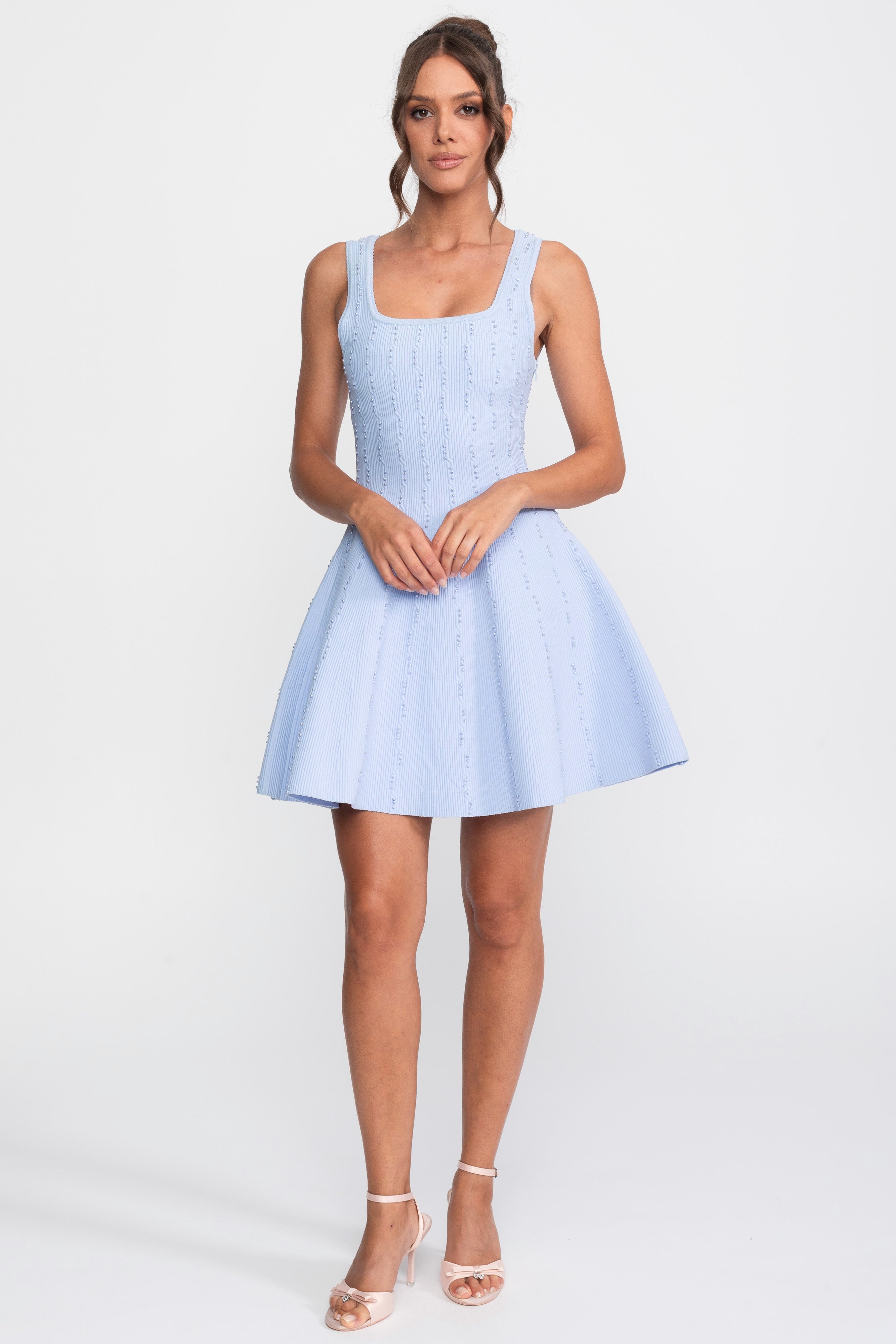 Robe courte côtelée à col carré avec perles - Bleu clair 