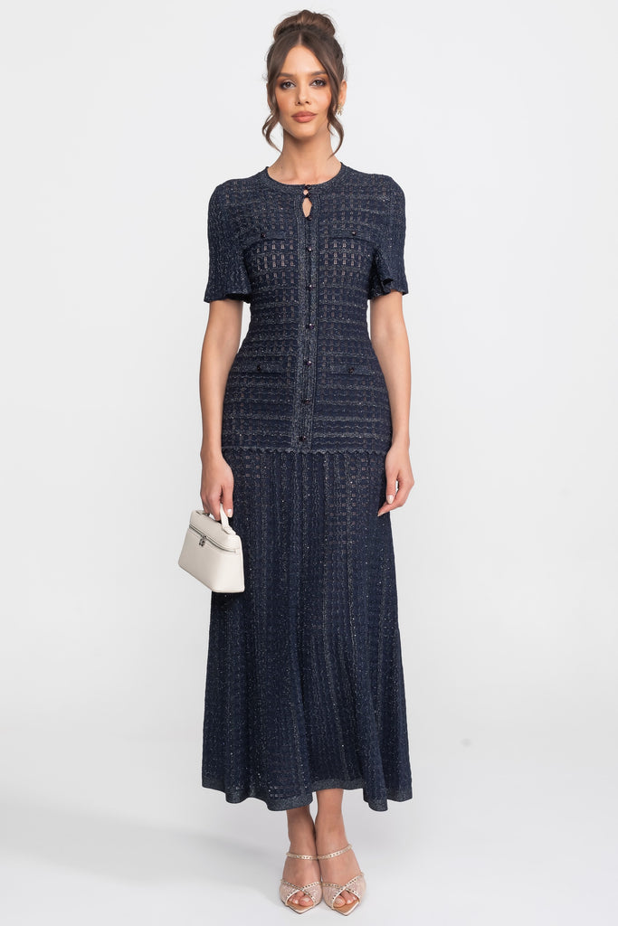 Robe Midi à Manches Courtes avec Texture Tricotée Scintillante - Navy 