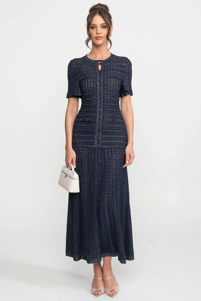 Robe Midi à Manches Courtes avec Texture Tricotée Scintillante - Navy 
