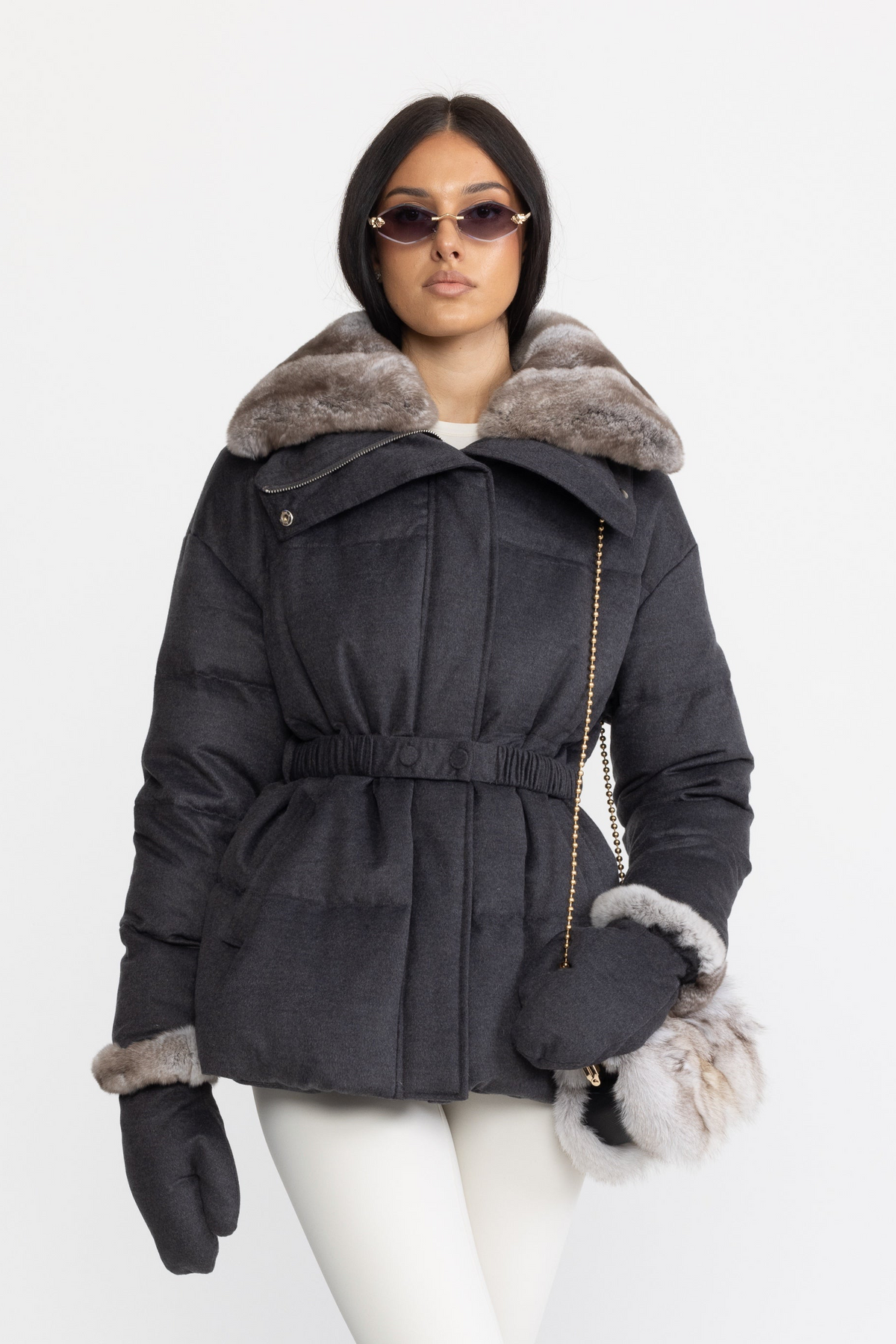 Doudoune en coton-soie avec col en fourrure de lapin Rex - Anthracite 