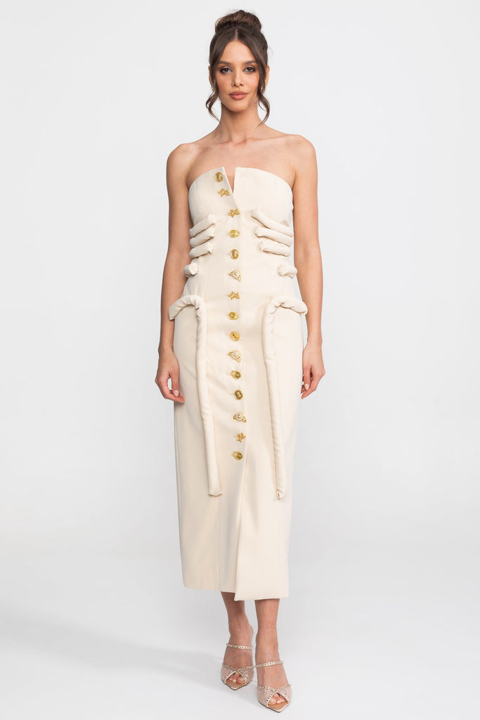 Robe midi bustier avec détail sculptural noué au corsage et boutons bijou - Crème 