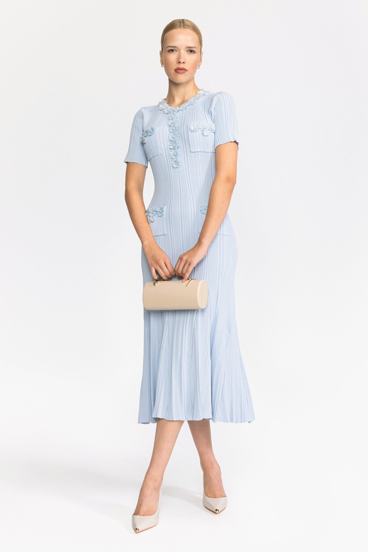 Robe midi en maille côtelée à appliqué fleur - Bleu clair 