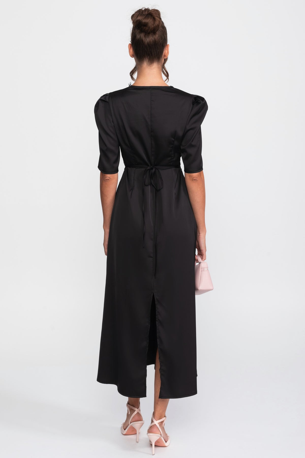 Robe midi à pois avec bordure en dentelle et manches bouffantes - Noir 