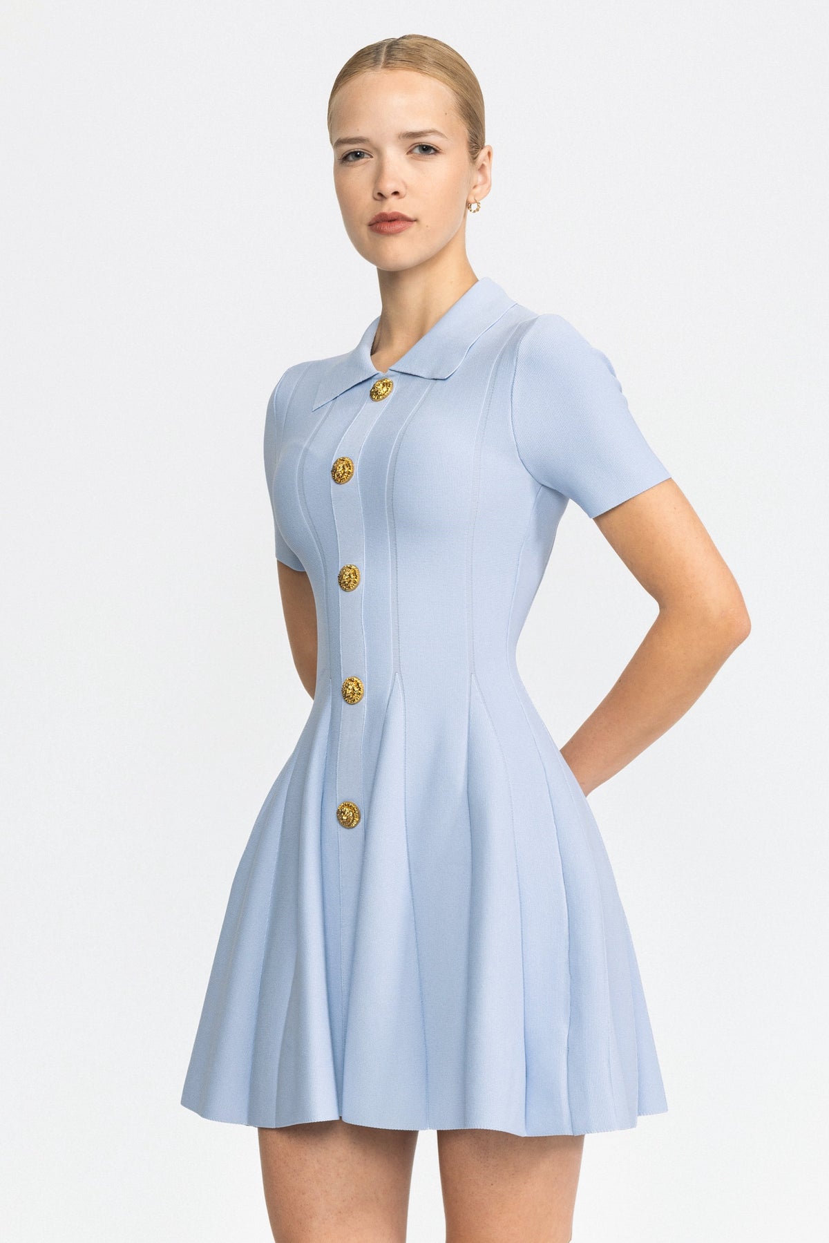 Knit Polo Collar Lion-Button Mini Dress - Light Blue