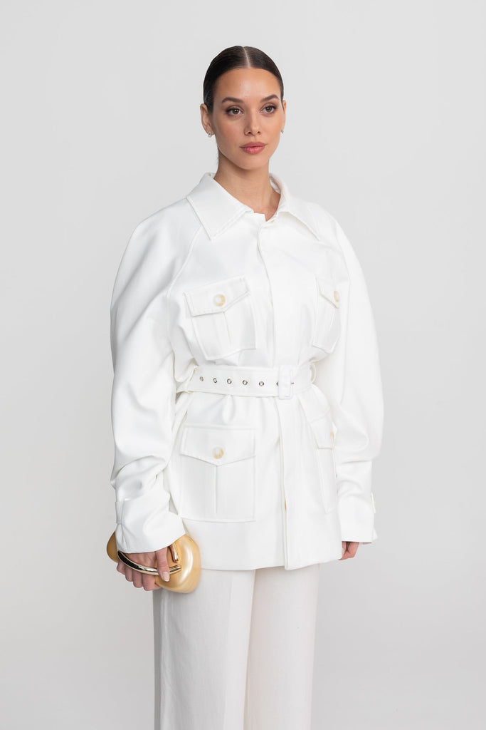Veste Trench-Coat Ceinturée Avec Poches Plaquées Oversize - Blanc 