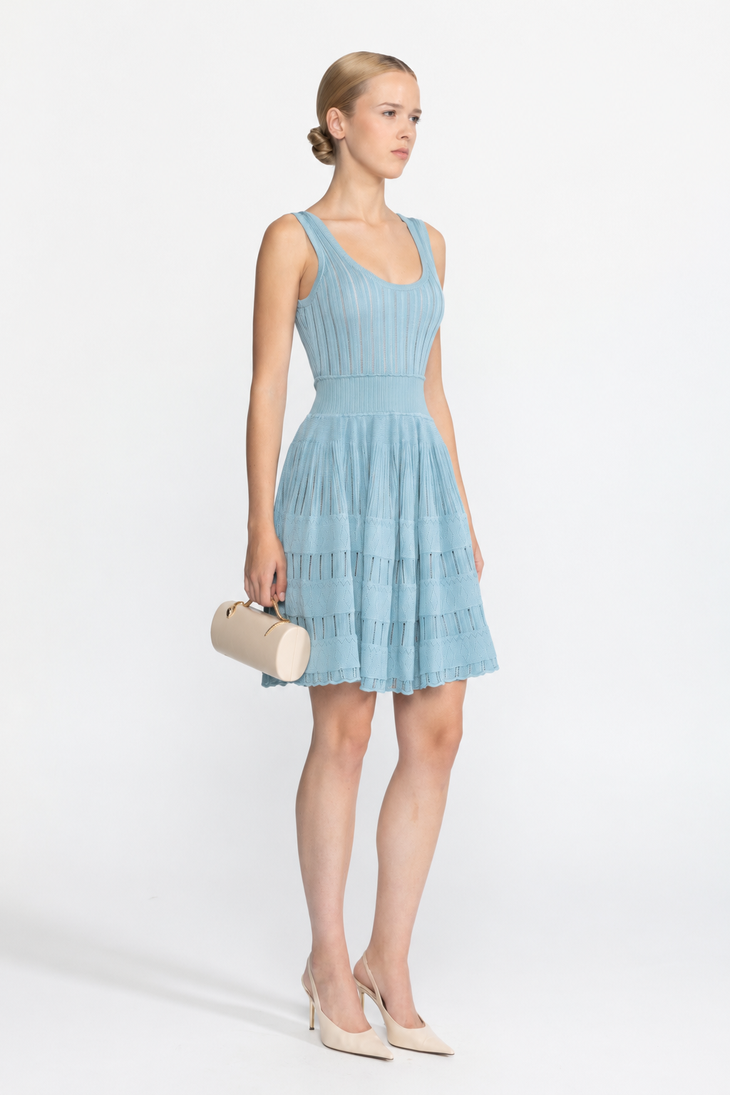 Ensemble cardigan cropped en maille pointelle côtelée et robe patineuse - bleu clair 