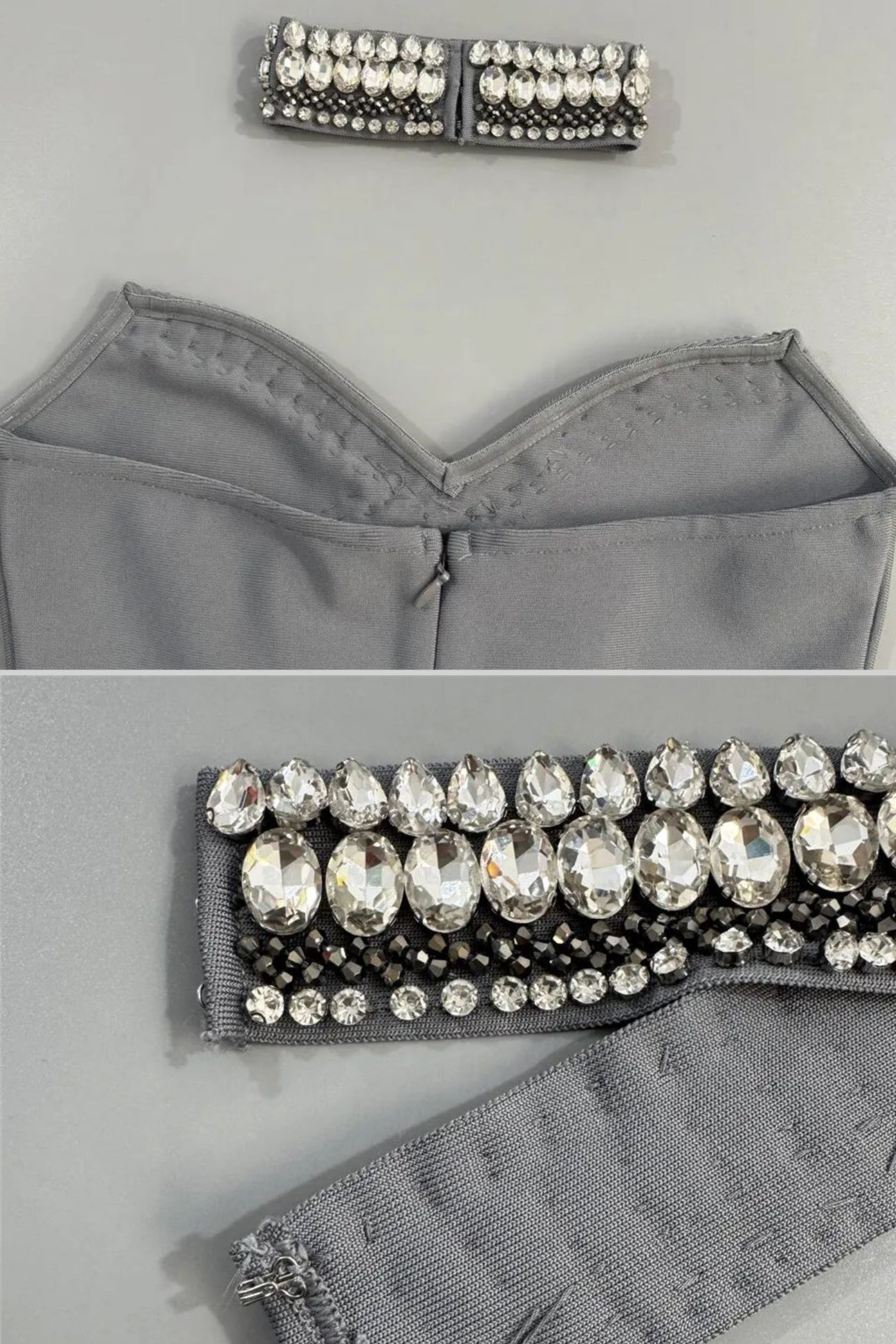 Robe Bustier Ornée de Cristaux avec Collier Choker – Gris 