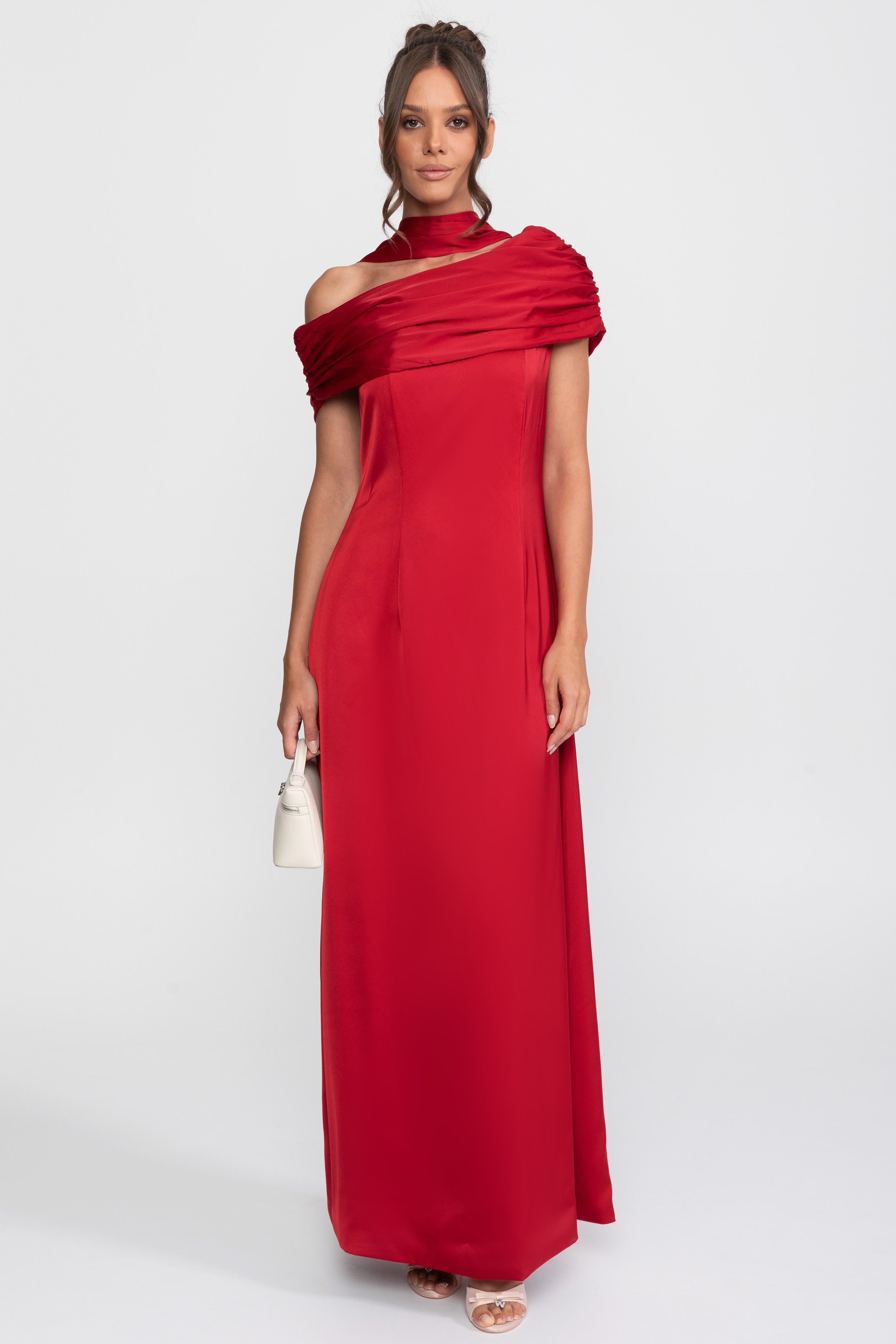Robe en satin drapée à une épaule avec effet cache-cœur froncé - Rouge 
